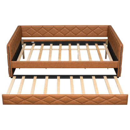 Upholstered Full Long Daybed With Trundle And LED Armrests - Brown - The Sleep Loft - Online Mattress Showroom NYC