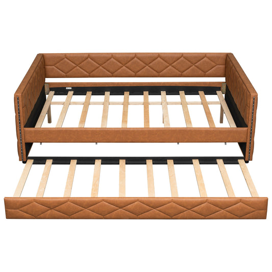 Upholstered Full Long Daybed With Trundle And LED Armrests - Brown - The Sleep Loft - Online Mattress Showroom NYC
