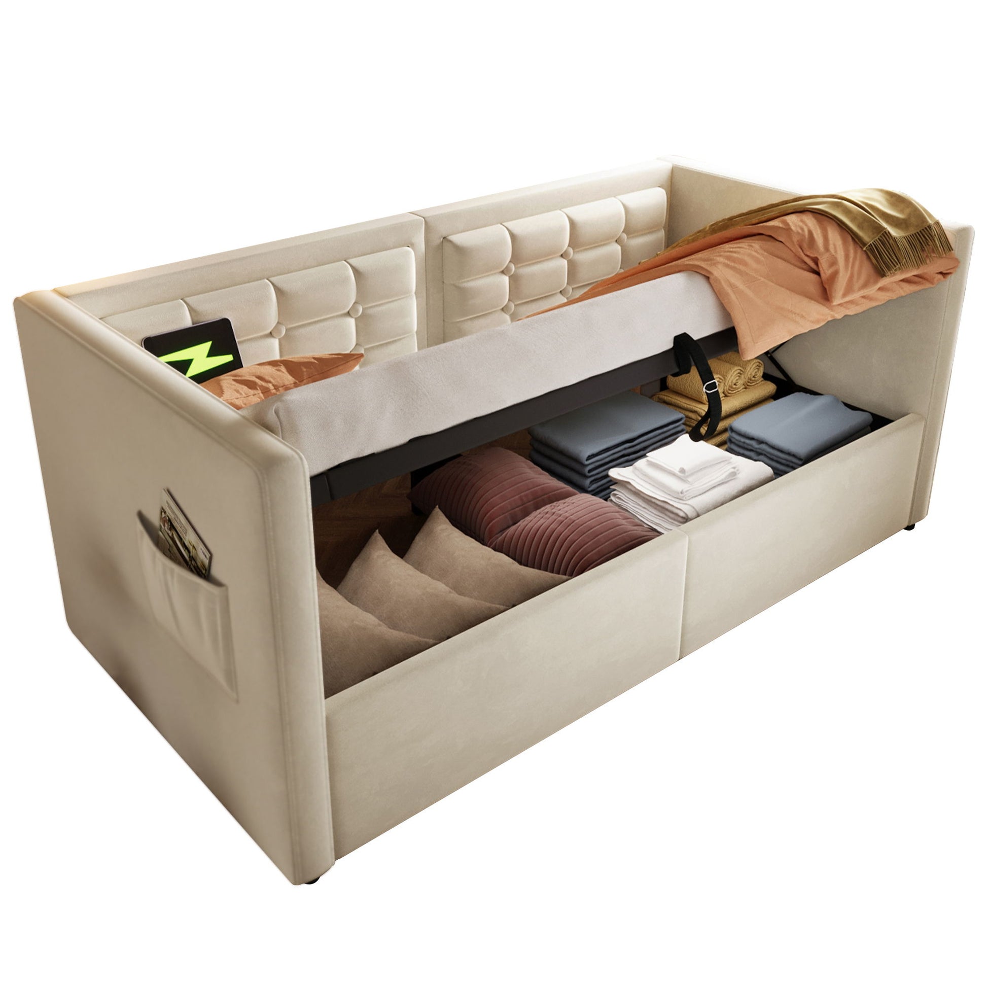 Upholstered Hydraulic Storage Daybed With USB & Type C Charging - The Sleep Loft - Online Mattress Showroom NYC
