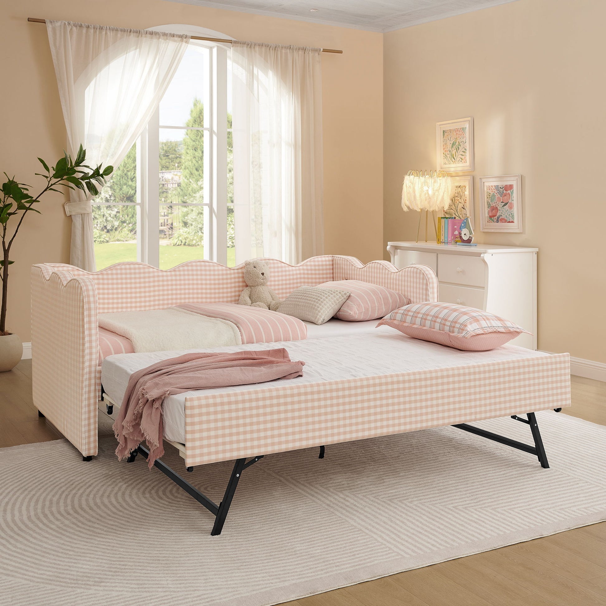 Gingham Daybed With USB Charging Port, Wave Shaped Design - The Sleep Loft - Online Mattress Showroom NYC