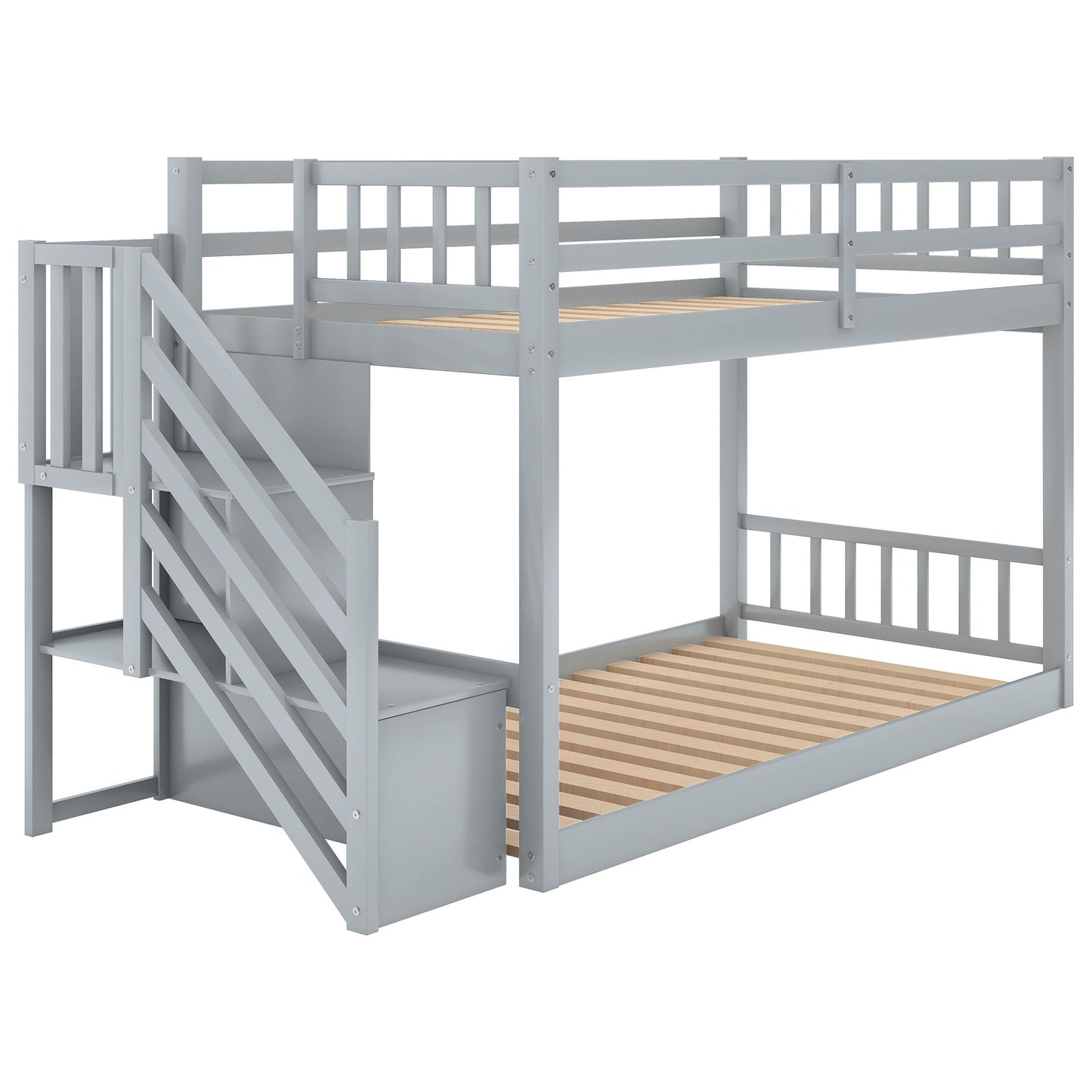 Twin Over Twin Floor Bunk Bed, Ladder With Storage - The Sleep Loft - Online Mattress Showroom NYC