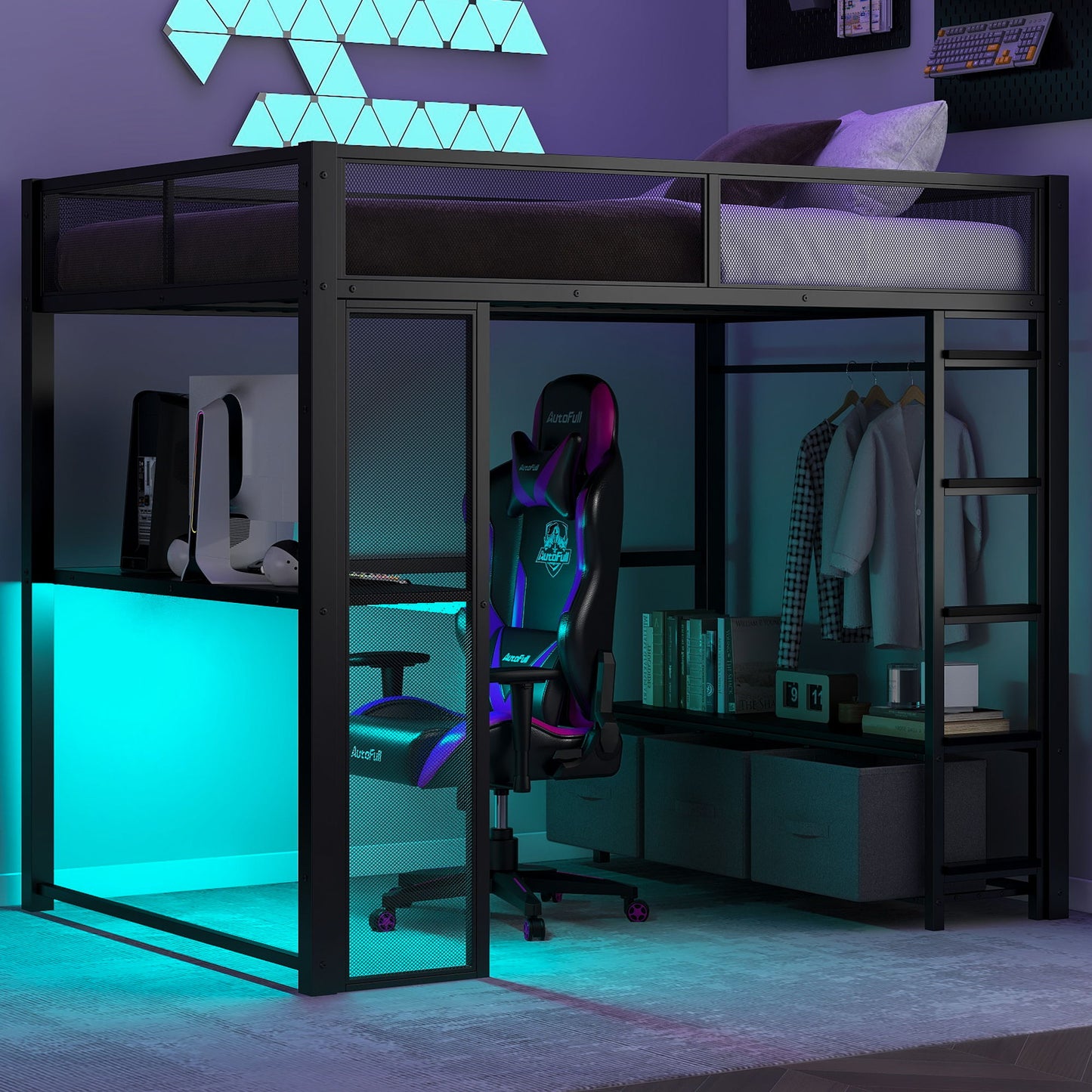 Full Size Gaming Loft Bed With LED Desk, Open Wardrobe, 3 Linen Storage Drawers - Black - The Sleep Loft - Online Mattress Showroom NYC