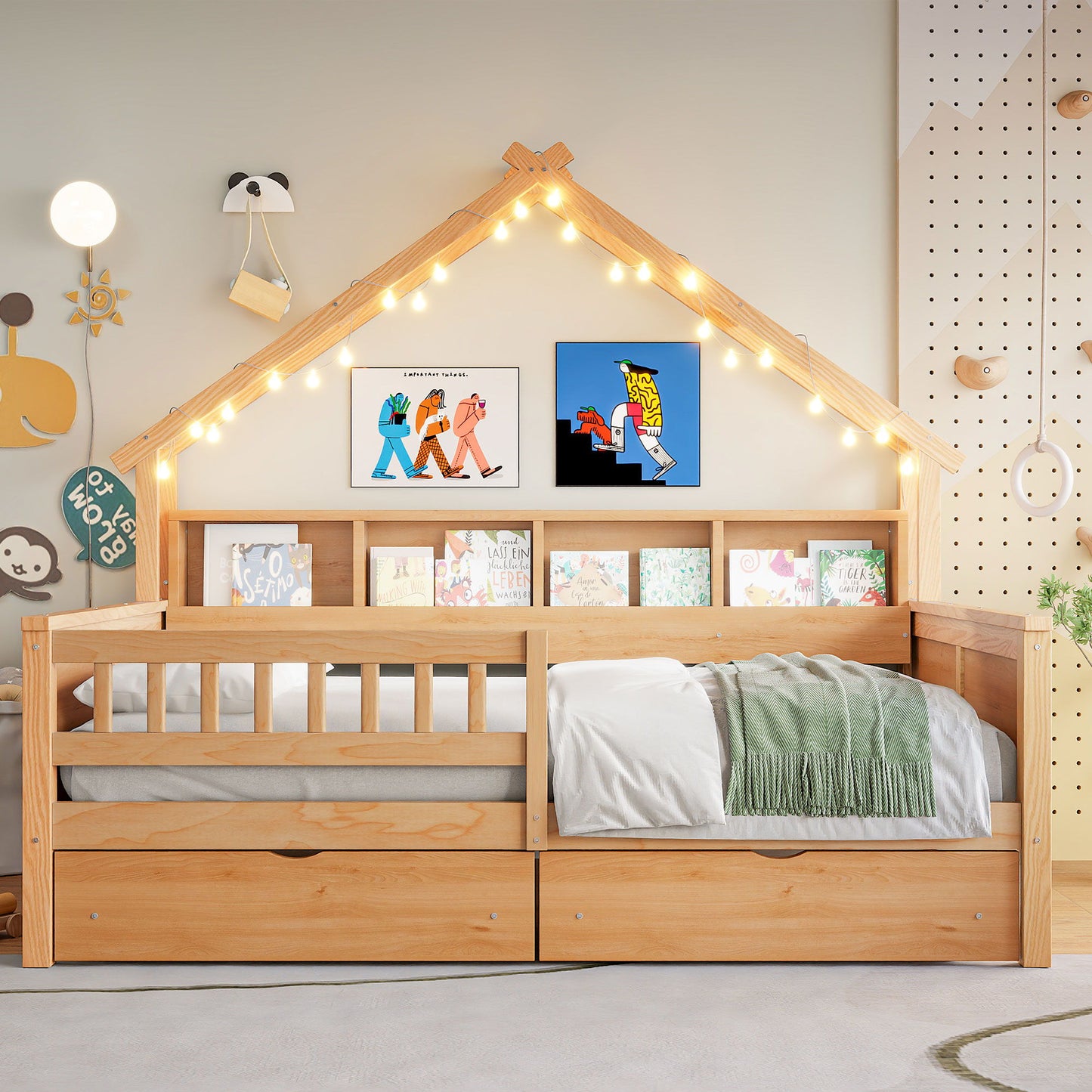 House Style Platform Bed With LED Lights, Storage Shelves, Drawers, And Guardrail - The Sleep Loft - Online Mattress Showroom NYC