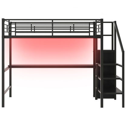 Full Size Loft Bed With Desk, Storage Staircase, Small Wardrobe And LED Light - Black - The Sleep Loft - Online Mattress Showroom NYC