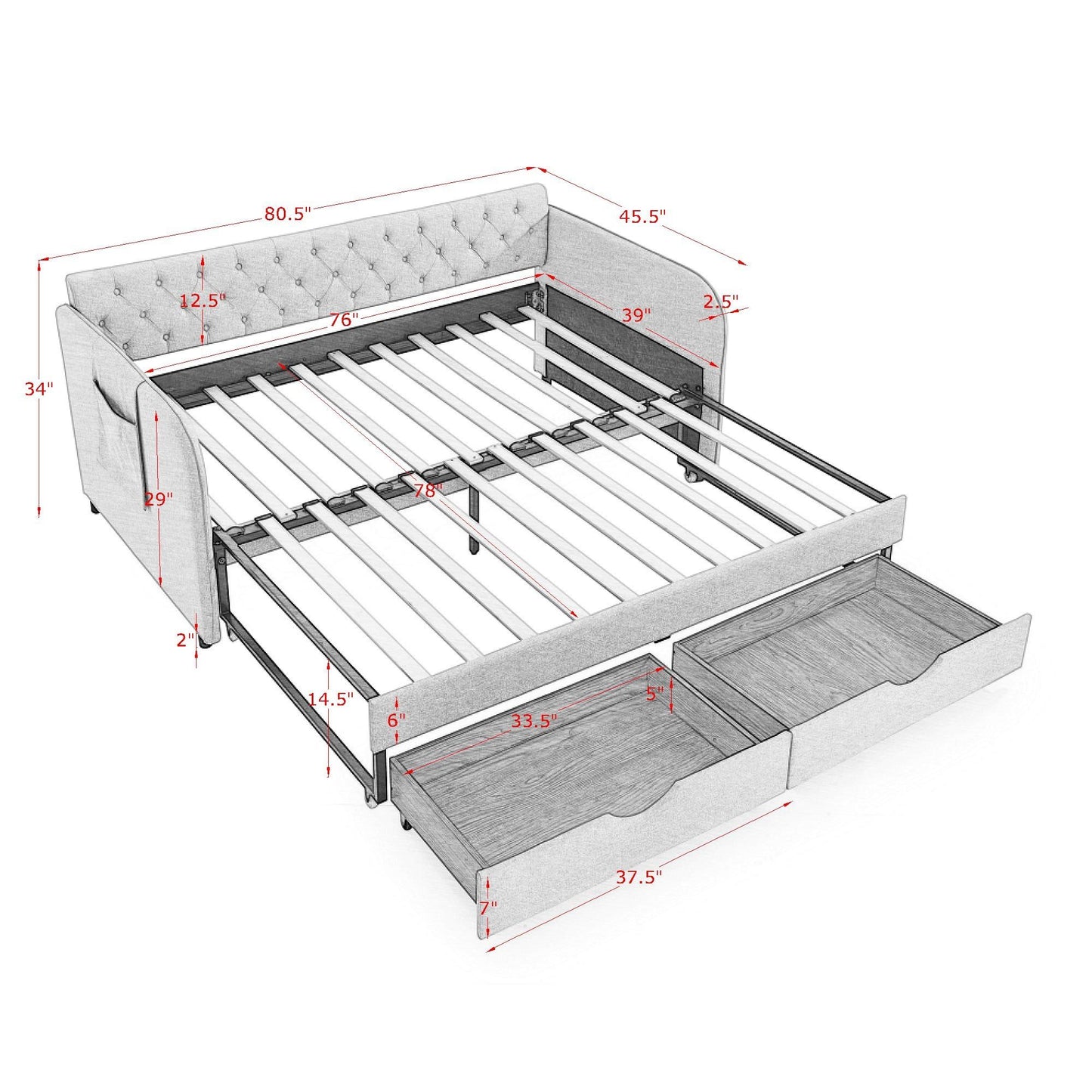 Daybed With Trundle And Storage Drawers, Flat Arms With Pocket - The Sleep Loft - Online Mattress Showroom NYC