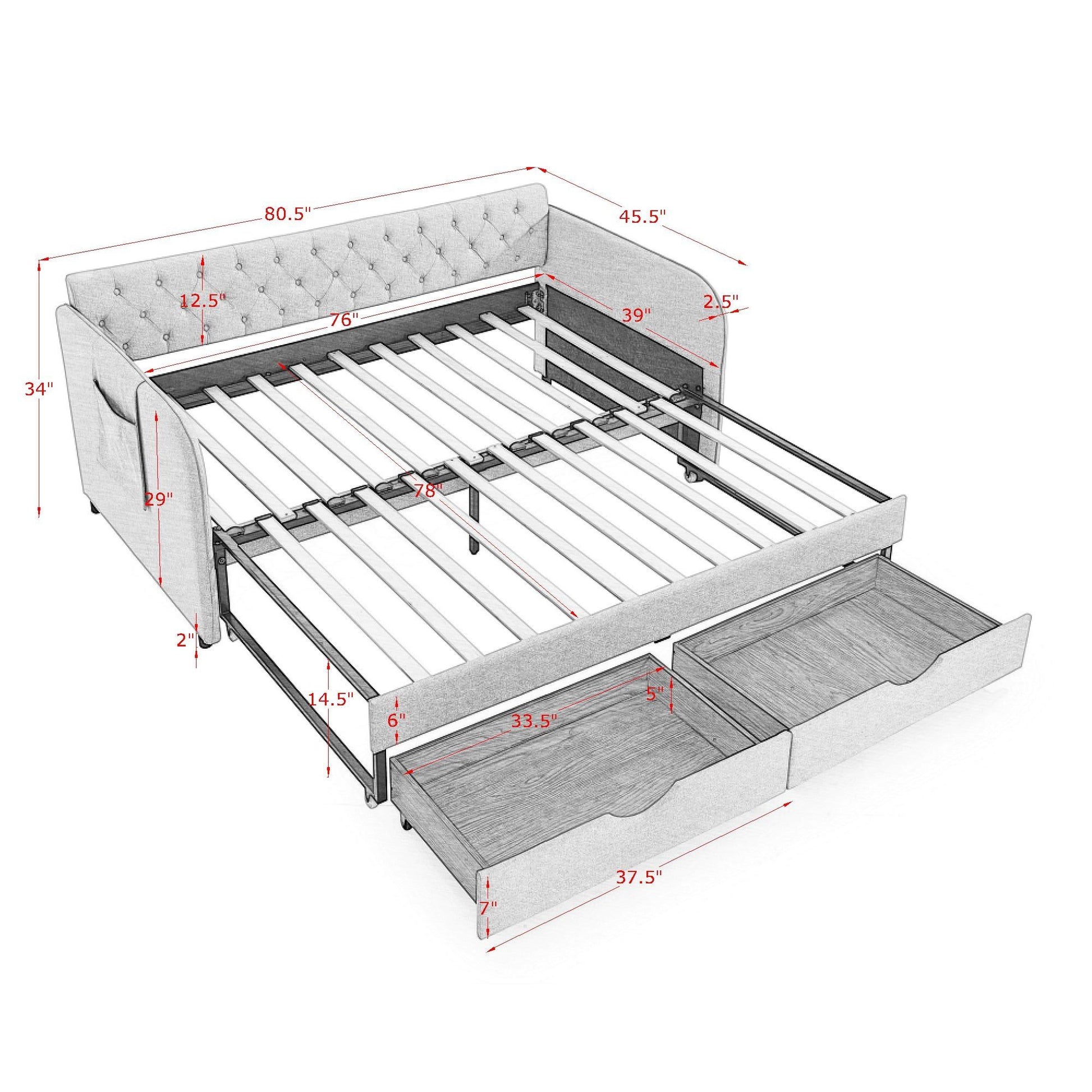 Daybed With Trundle And Storage Drawers, Flat Arms With Pocket - The Sleep Loft - Online Mattress Showroom NYC