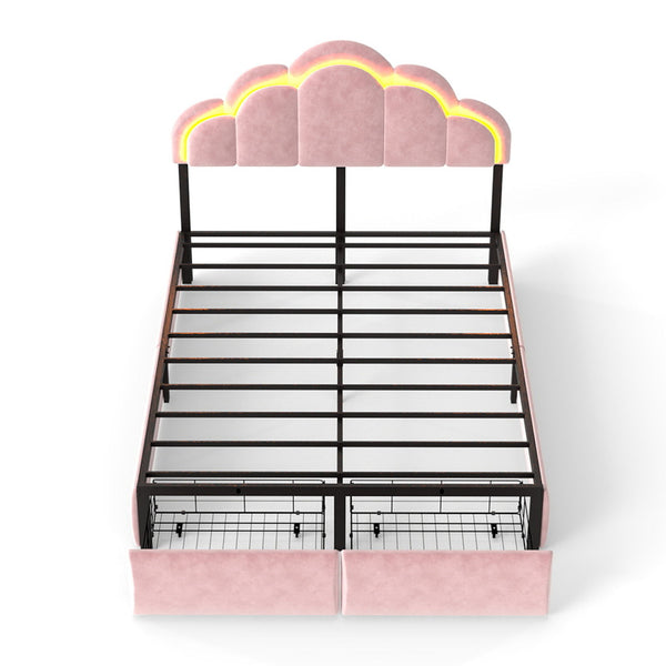 Full RGB LED Upholstered Platform Bed With Petal Headboard And Storage Drawers For Kids Bedroom - Pink