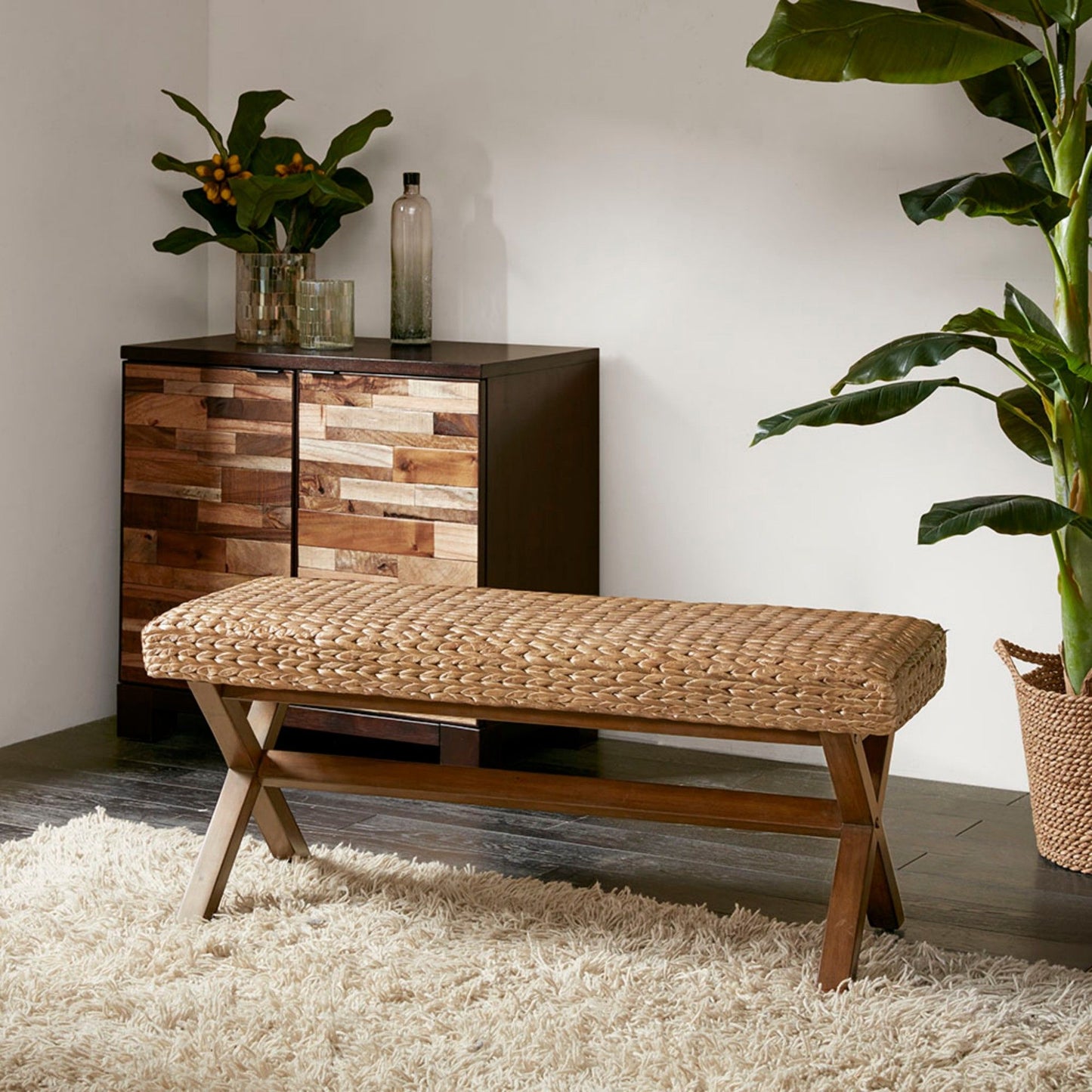 Bench With Water Hyacinth Seat - Brown - The Sleep Loft - Online Mattress Showroom NYC