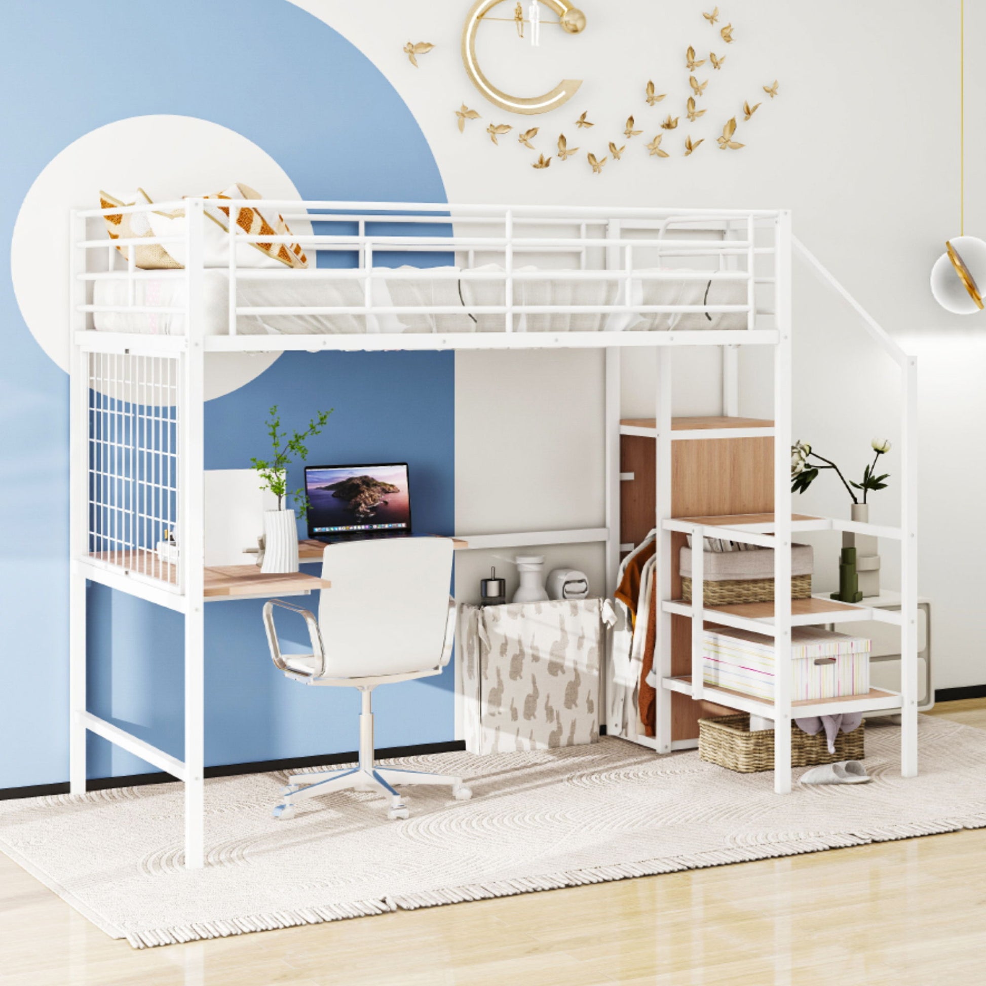Loft Bed With Desk And Grid, Stylish Frame With Lateral Storage Ladder And Wardrobe - The Sleep Loft - Online Mattress Showroom NYC