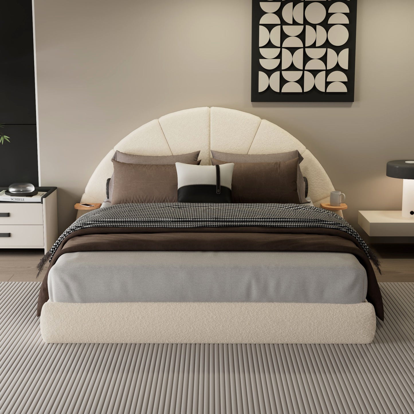 Queen Arched Bed With Small Table, Floor Standing Design - Beige - The Sleep Loft - Online Mattress Showroom NYC