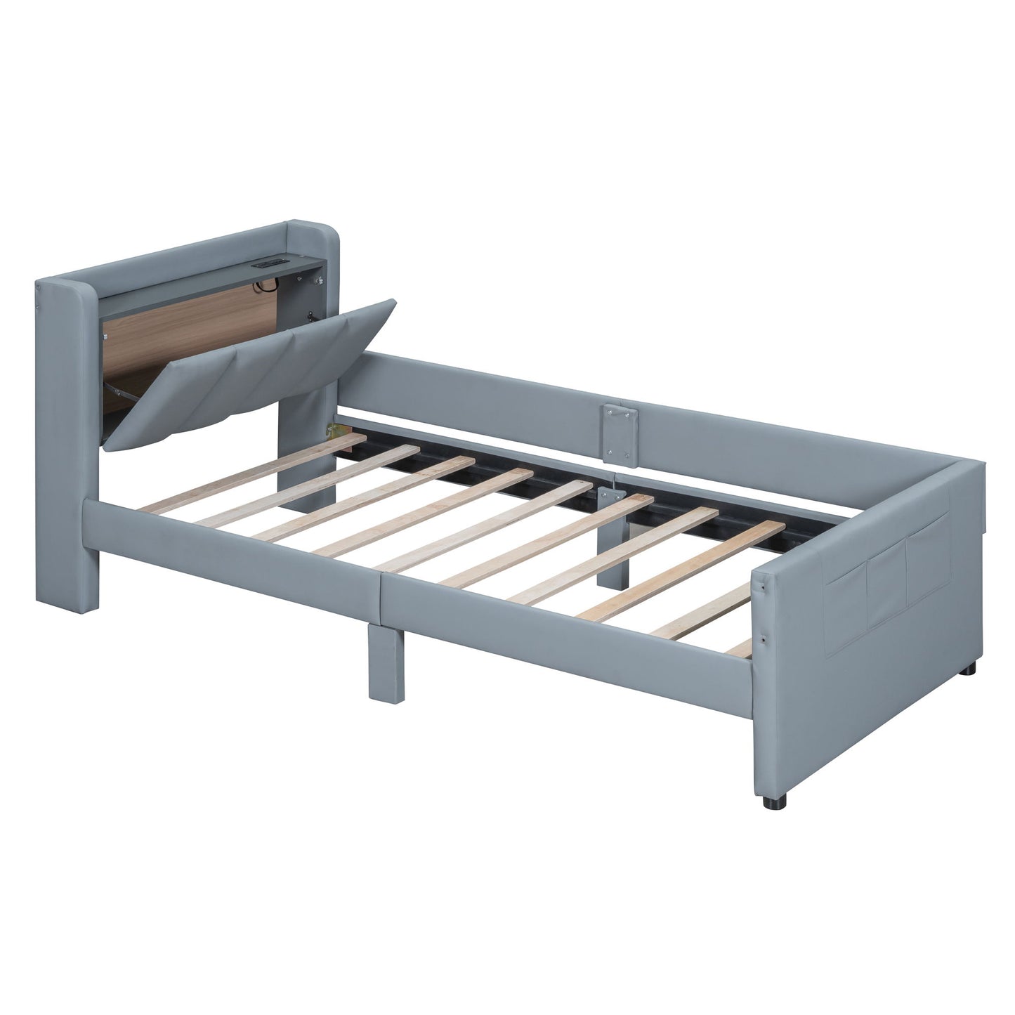 Upholstered Mother & Child Bed With Hydraulic Storage System, Drawer Box, Bedhead Storage Shelf And 2 Pairs Of Sockets & USB Ports - The Sleep Loft - Online Mattress Showroom NYC