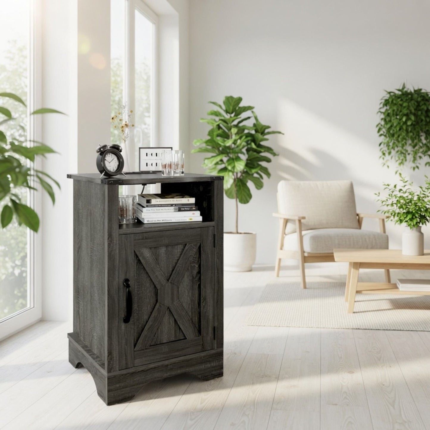 Farmhouse Nightstand, Charging Station & Storage