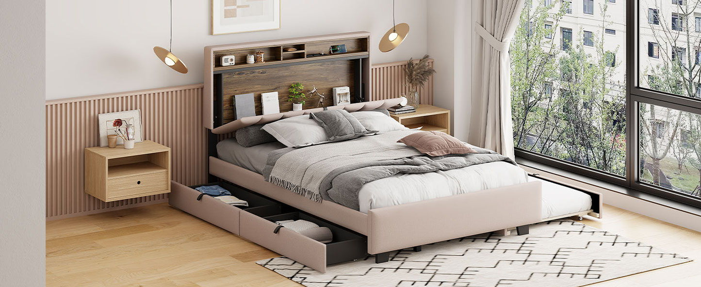 Upholstered Platform Bed With Storage Headboard, Trundle & 2 Drawers And A Set Of Sockets & USB Ports - The Sleep Loft - Online Mattress Showroom NYC