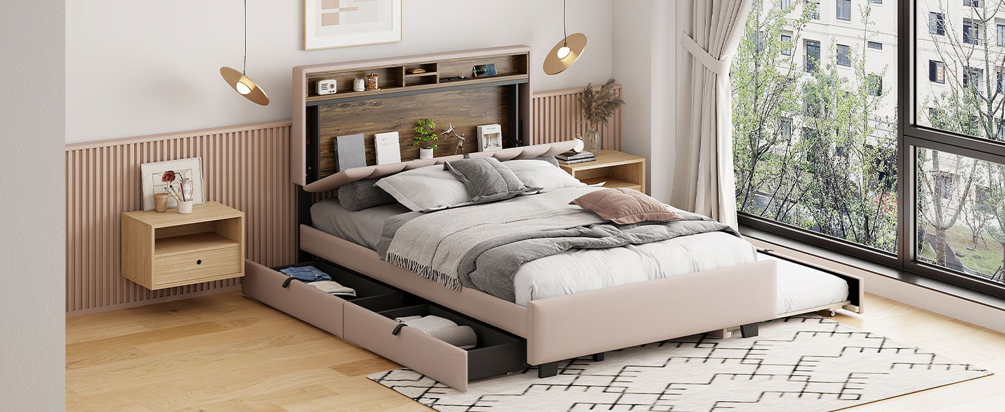Upholstered Platform Bed With Storage Headboard, Trundle & 2 Drawers And A Set Of Sockets & USB Ports - The Sleep Loft - Online Mattress Showroom NYC