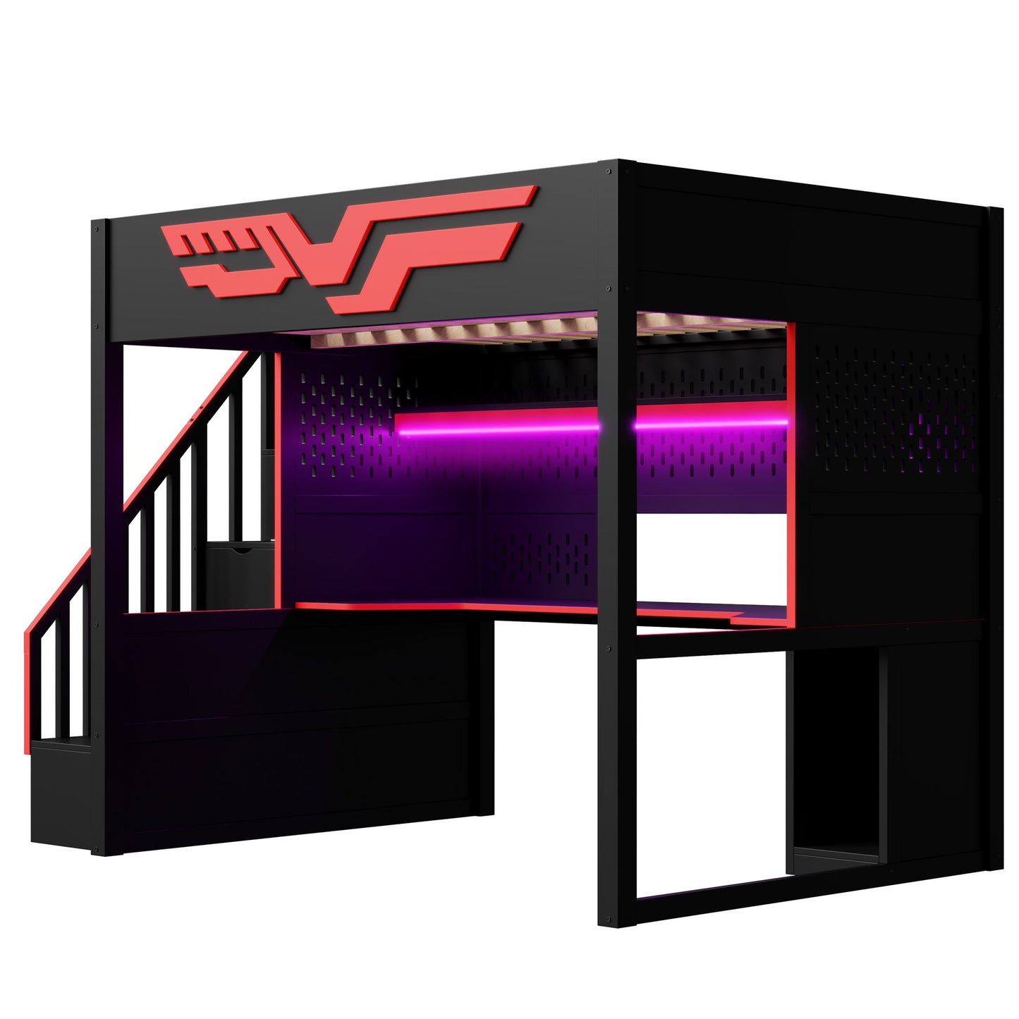 Full Gaming Loft Bed With Desk And Storage Staircase, LED Lights And USB - Red / Black - The Sleep Loft - Online Mattress Showroom NYC