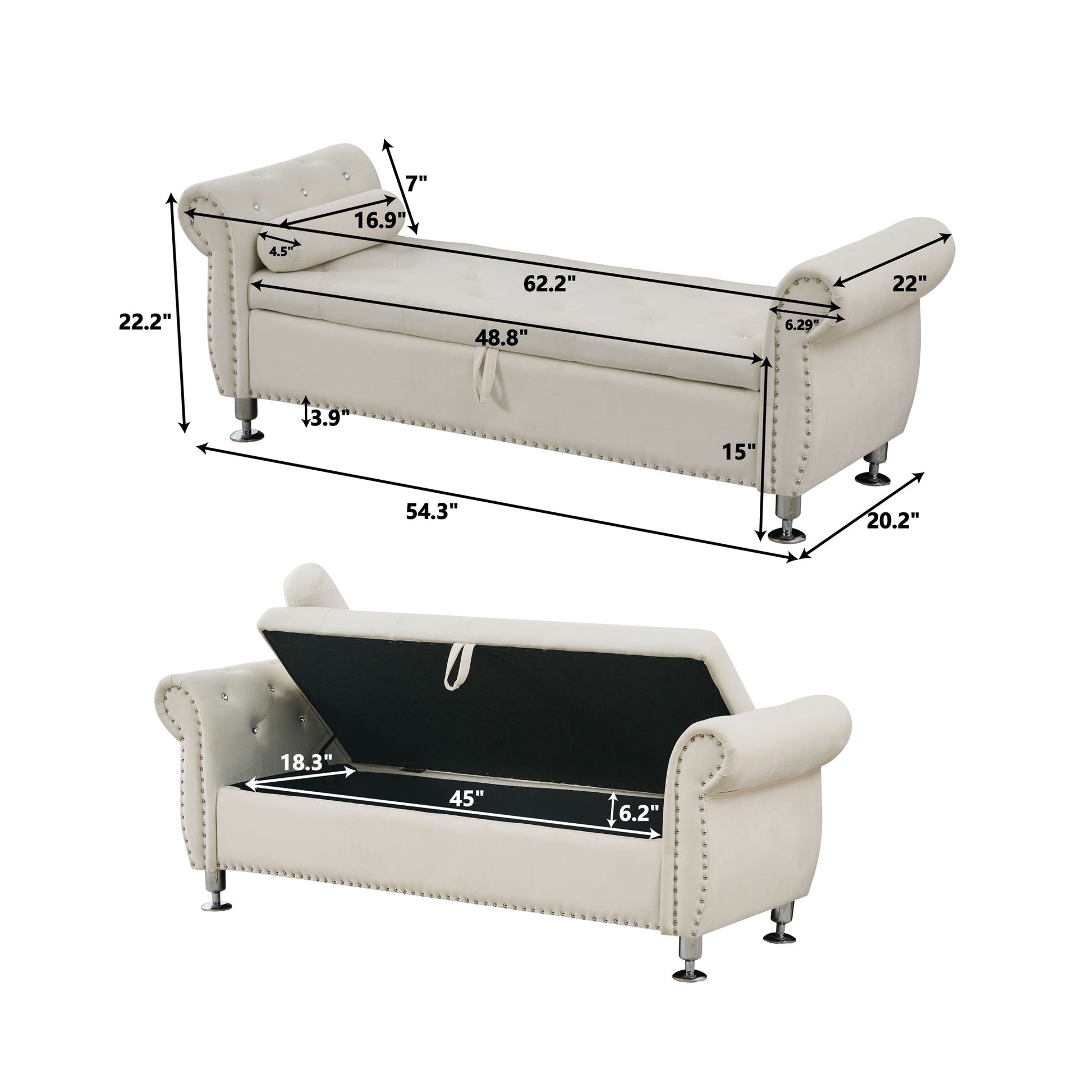 Storage Bench With Crystal Buttons And 1 Pillow For Bedroom - The Sleep Loft - Online Mattress Showroom NYC