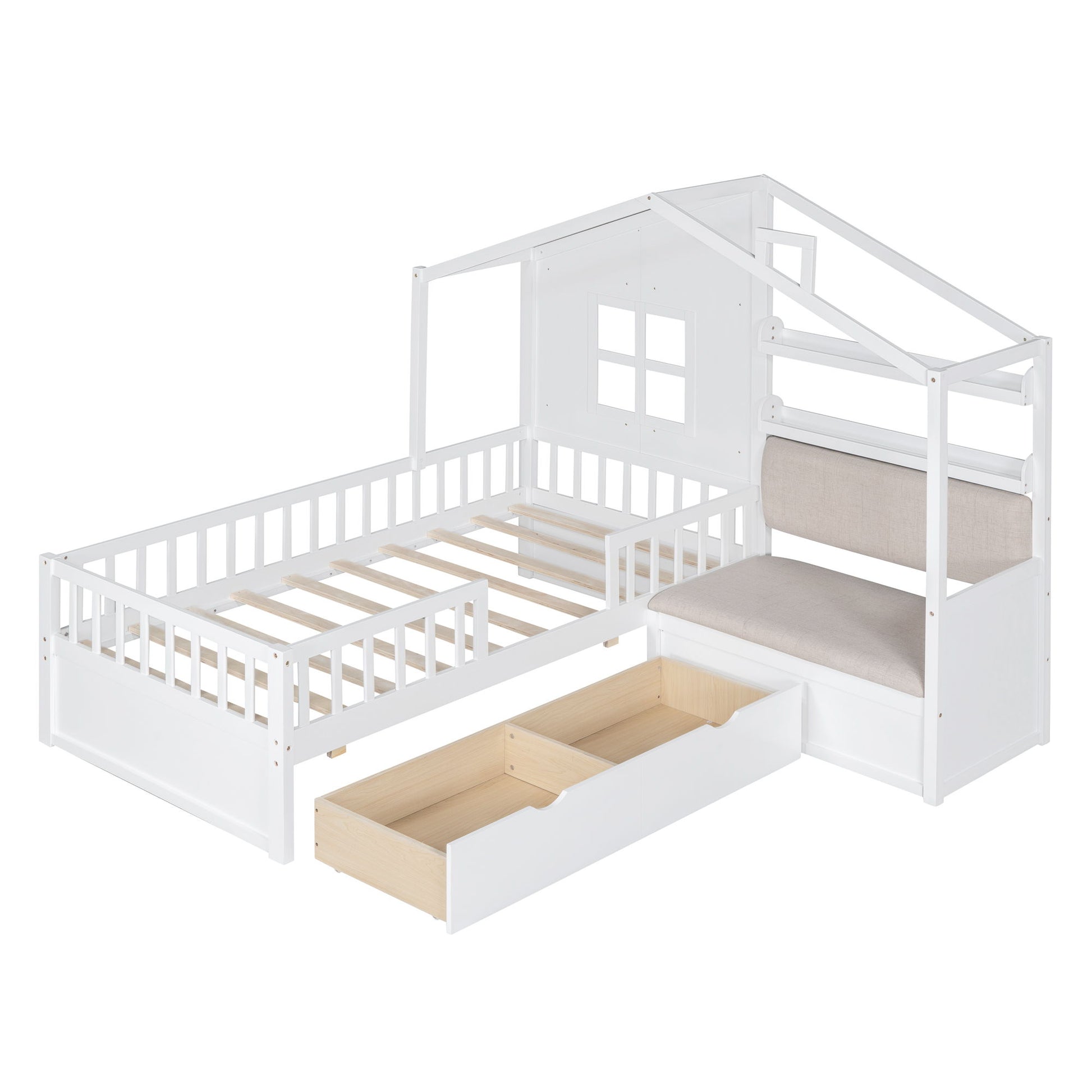 House Bed With Sofa, Kids Platform Bed With 2 Drawers And Storage Shelf - The Sleep Loft - Online Mattress Showroom NYC