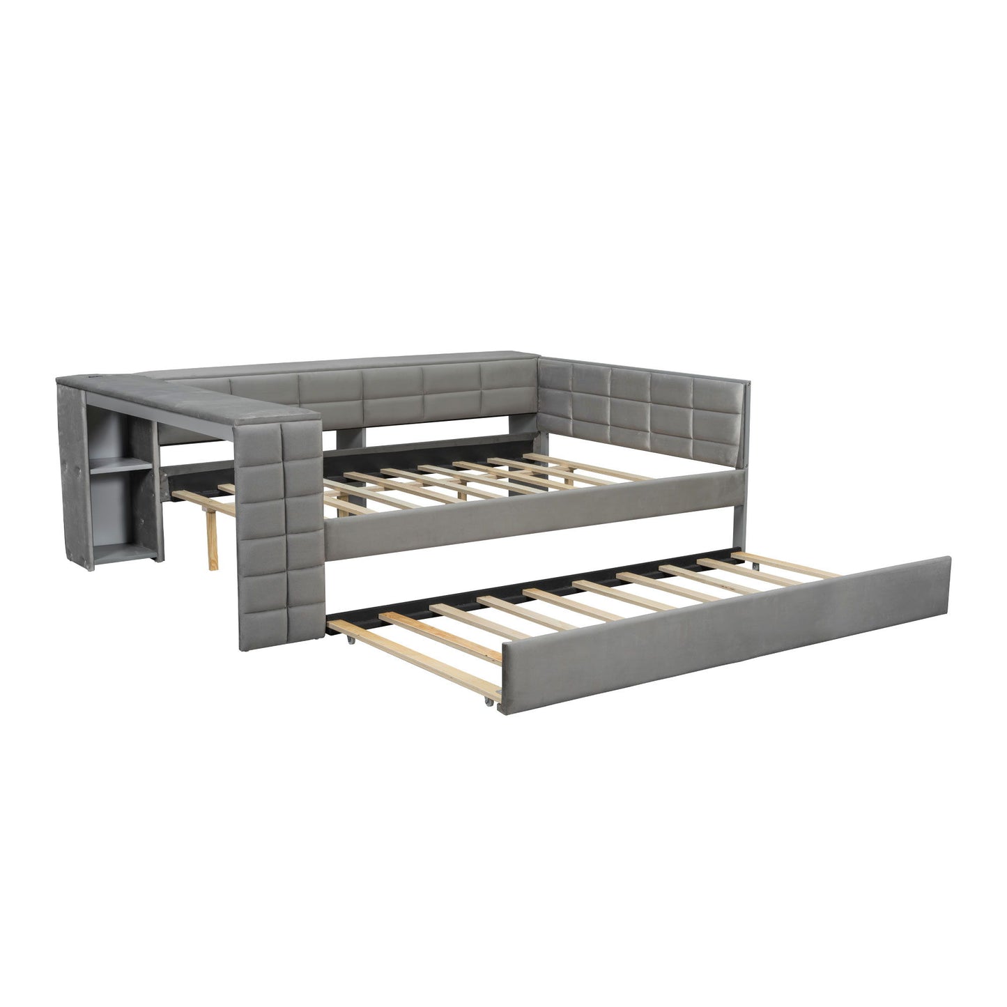 Upholstered Platform Bed With Storage Shelves, Desk, Charging Station And Trundle - The Sleep Loft - Online Mattress Showroom NYC