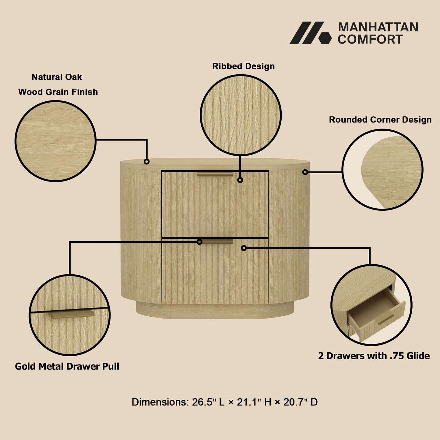 Olivia - Nightstand & 2 Drawers - Oak - The Sleep Loft - Online Mattress Showroom NYC