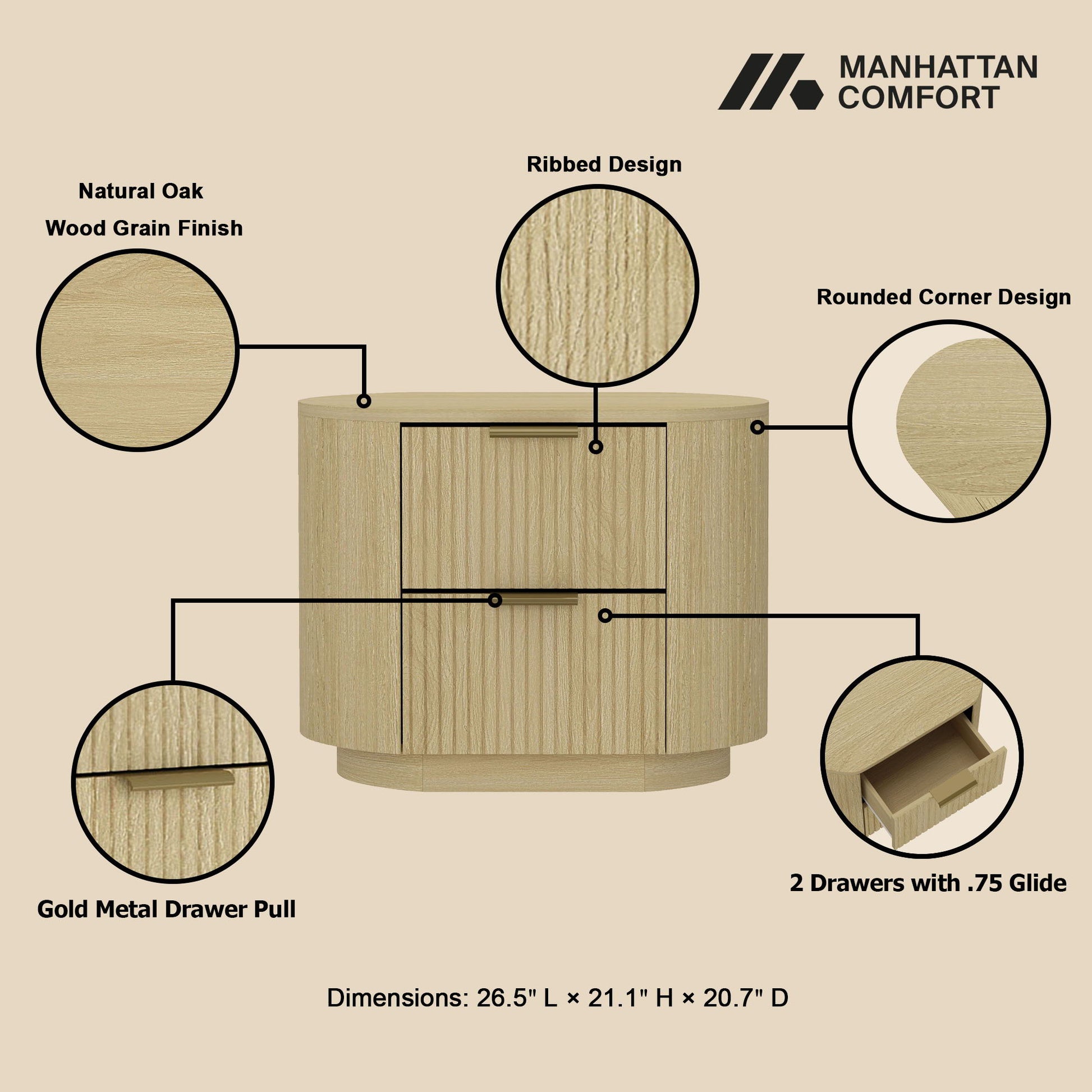 Olivia - Nightstand & 2 Drawers - Oak - The Sleep Loft - Online Mattress Showroom NYC