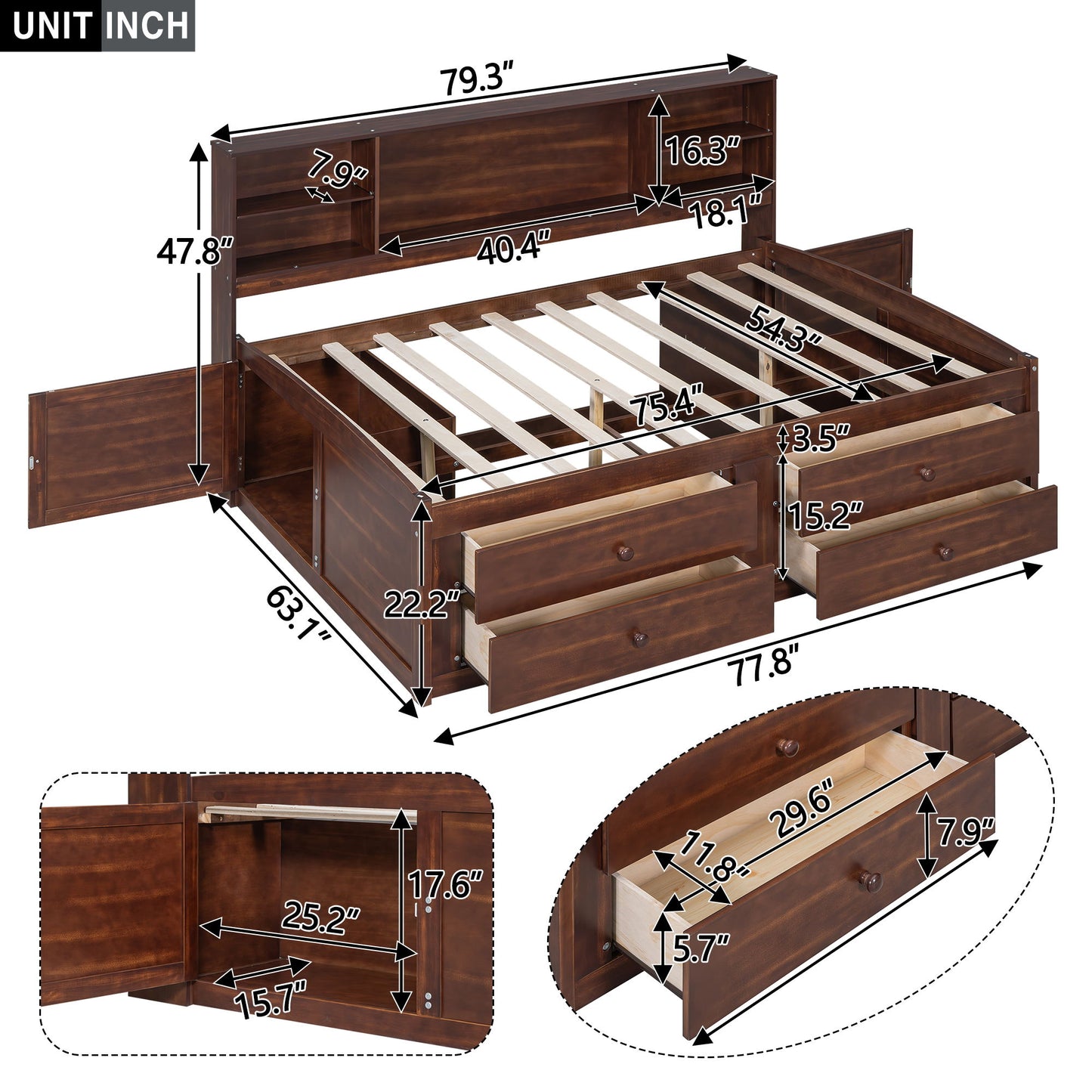 Full Size Captain Bed With Built In Storage Shelves, 4 Drawers And 2 Cabinets - Antique Brown - The Sleep Loft - Online Mattress Showroom NYC