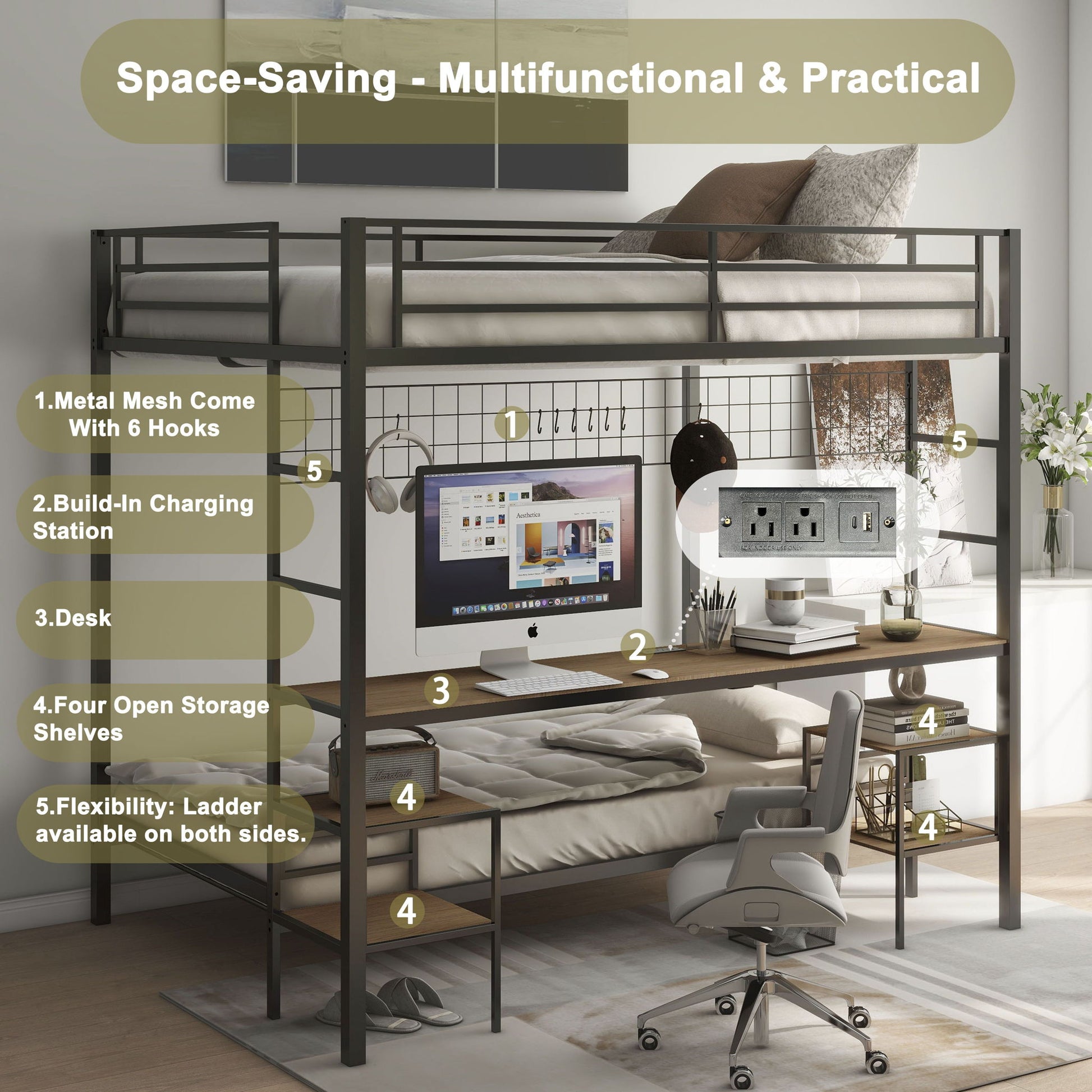 Ethan - Bunk Bed With Desk, Charging Station, Storage Shelves - The Sleep Loft - Online Mattress Showroom NYC