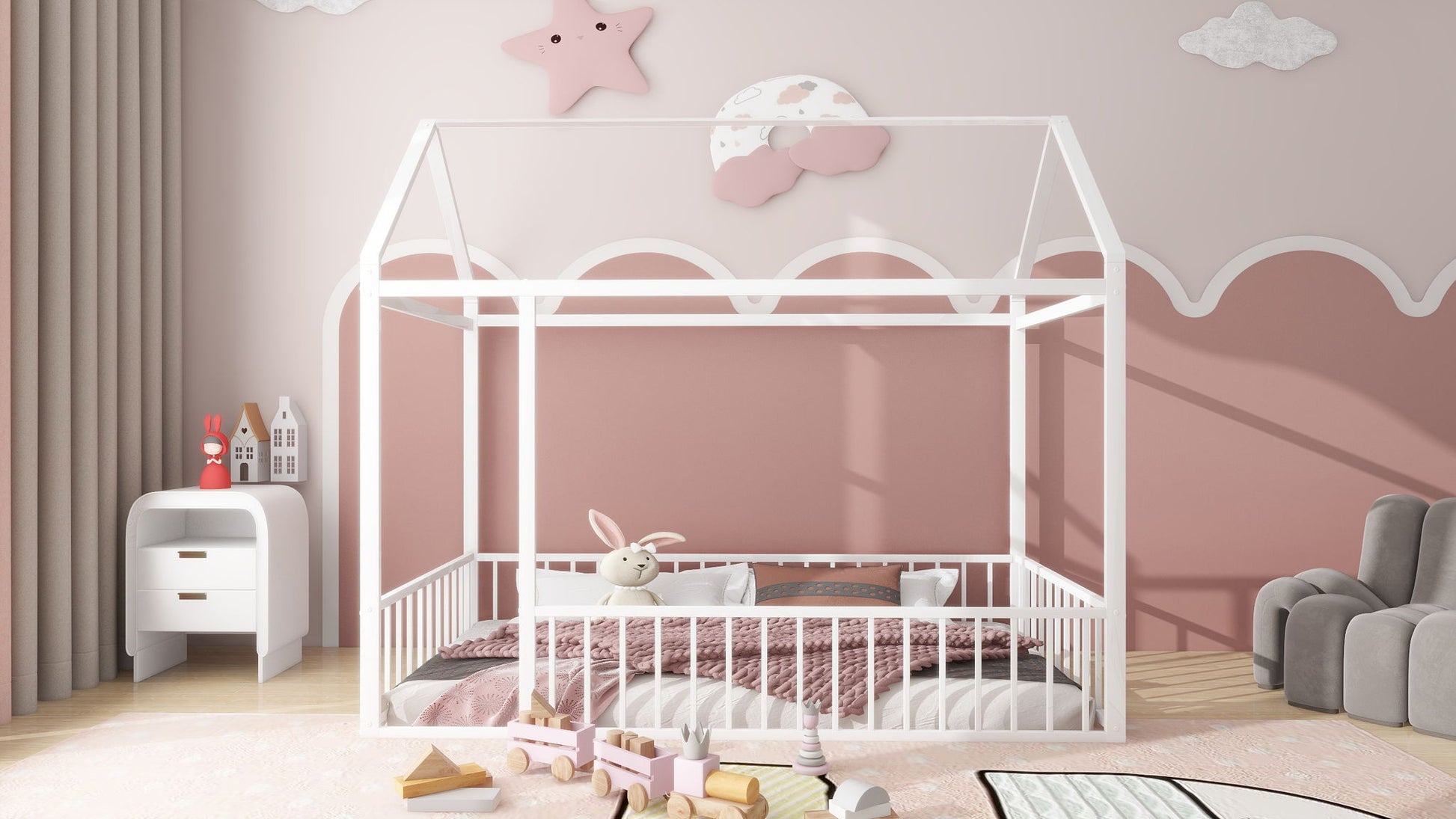 Metal Bed House Bed Frame With Fence - The Sleep Loft - Online Mattress Showroom NYC