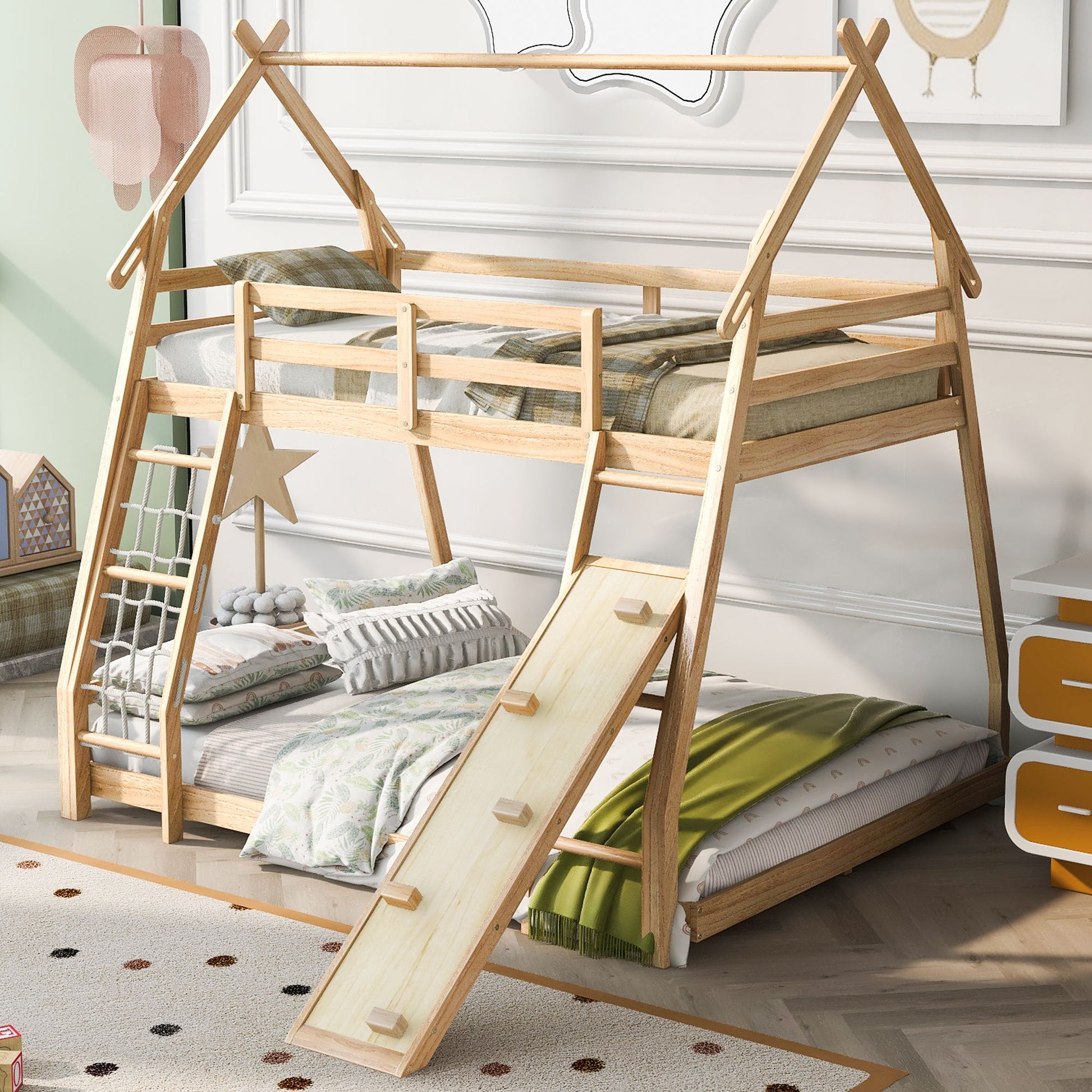 Twin Over Queen House Bunk Bed With Climbing Nets And Climbing Ramp - The Sleep Loft - Online Mattress Showroom NYC