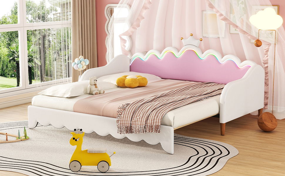 Extending Daybed With LED Lights, Modern Upholstered Princess Daybed With Crown Headboard - The Sleep Loft - Online Mattress Showroom NYC