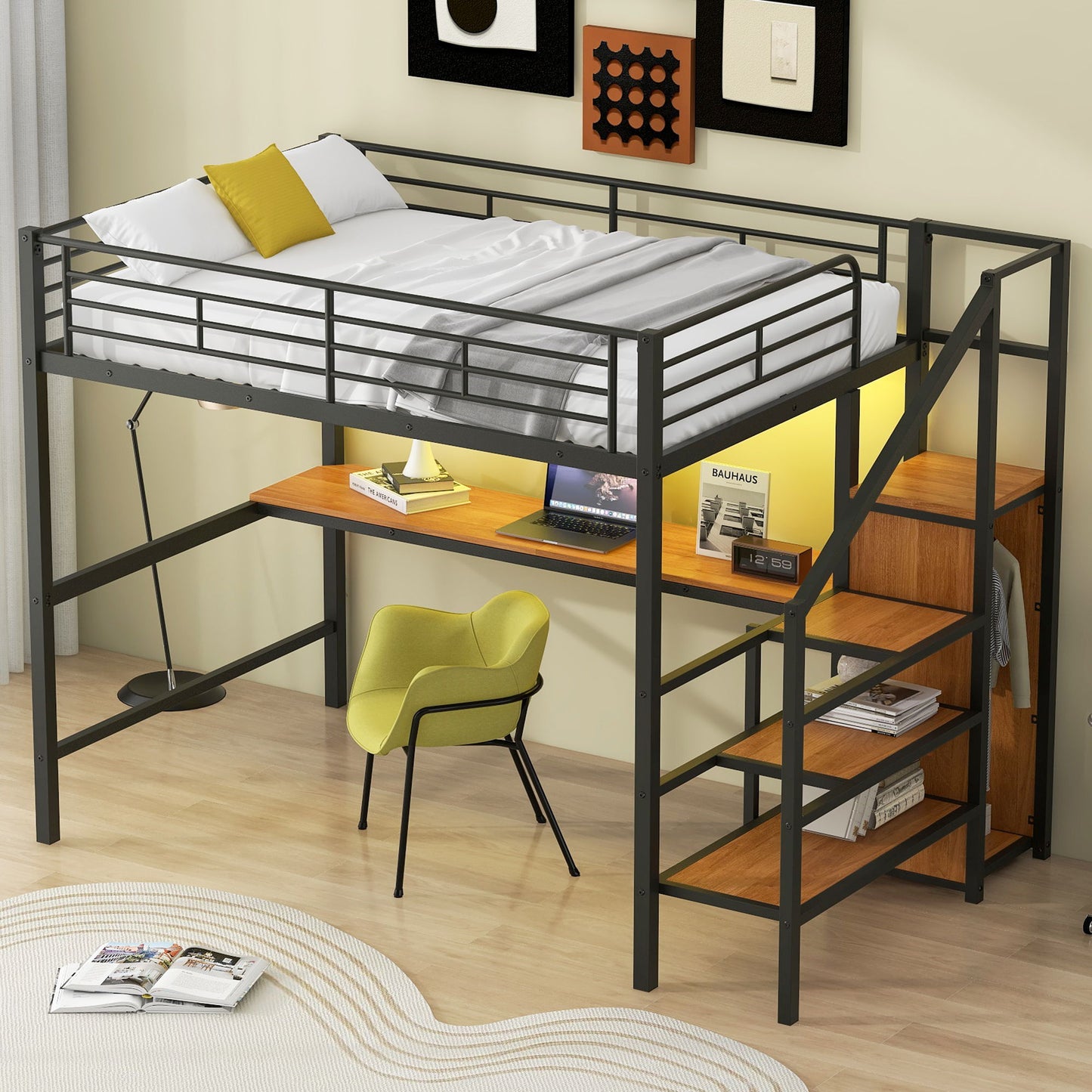 Loft Bed With Desk, Storage Staircase, Small Wardrobe And LED Light - The Sleep Loft - Online Mattress Showroom NYC
