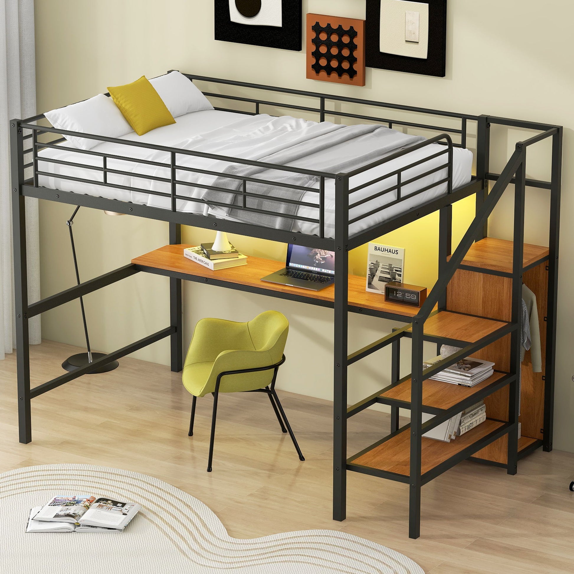 Loft Bed With Desk, Storage Staircase, Small Wardrobe And LED Light - The Sleep Loft - Online Mattress Showroom NYC