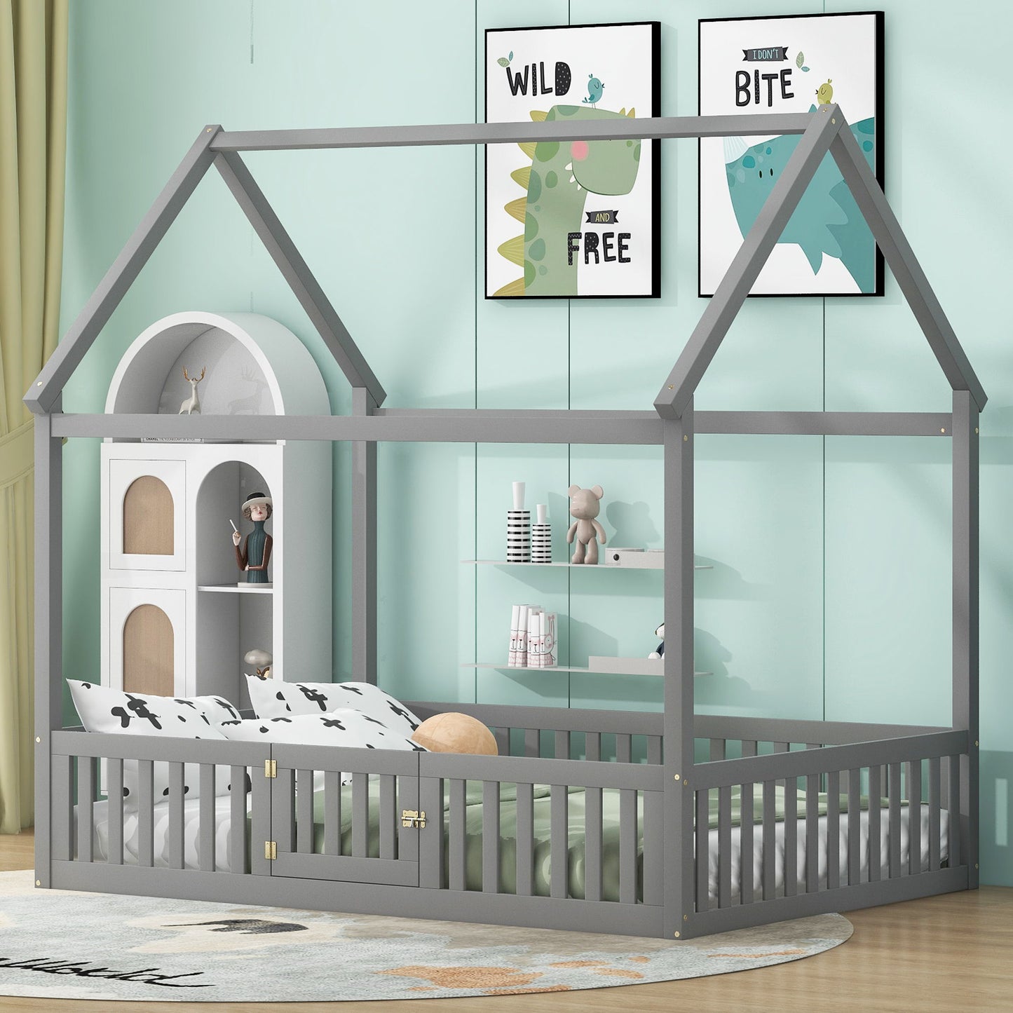 Wood House Bed With Fence And Door - The Sleep Loft - Online Mattress Showroom NYC