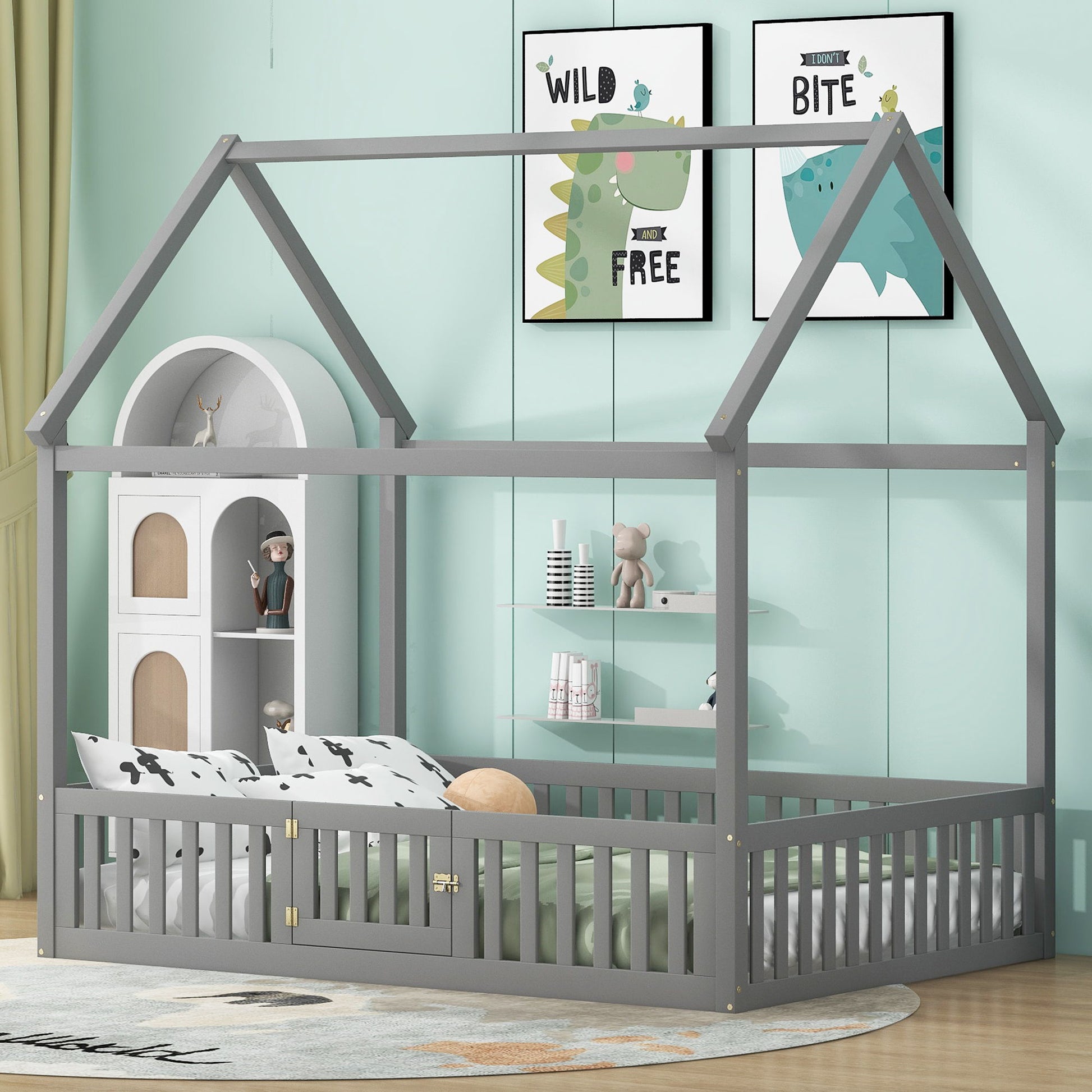 Wood House Bed With Fence And Door - The Sleep Loft - Online Mattress Showroom NYC