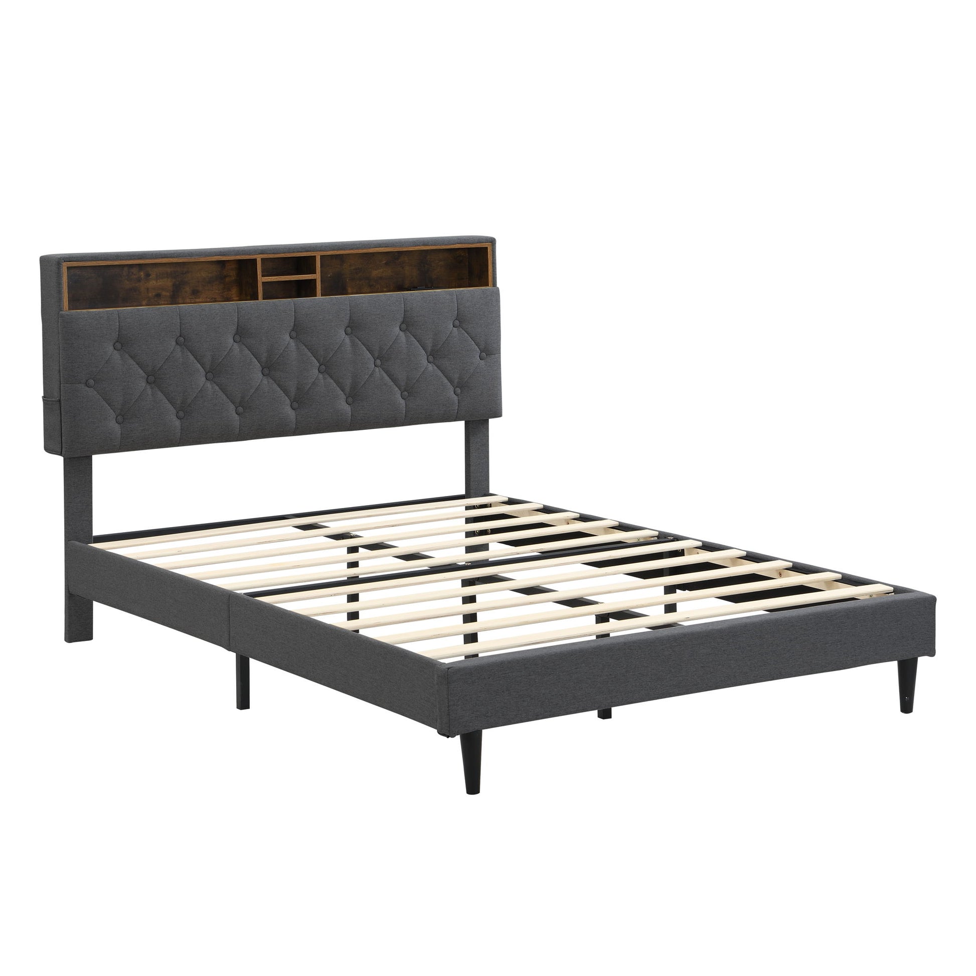 Modern Upholstered Platform Bed Frame With Button Tufted Headboard And USB Ports - The Sleep Loft - Online Mattress Showroom NYC