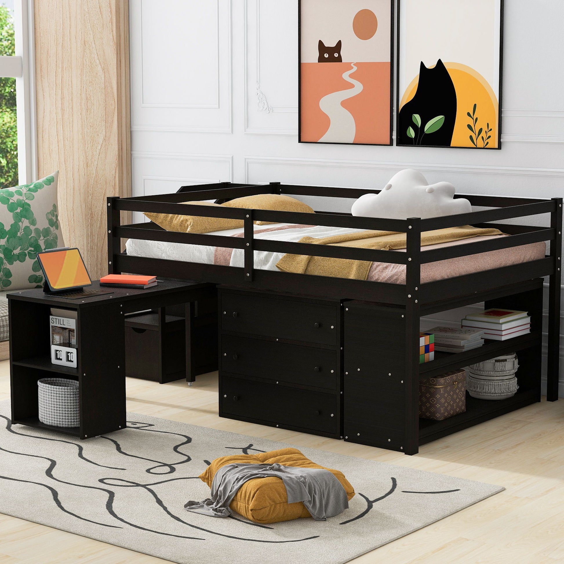 Loft Bed With Retractable Writing Desk And 3 Drawers With Storage Stairs And Shelves - The Sleep Loft - Online Mattress Showroom NYC