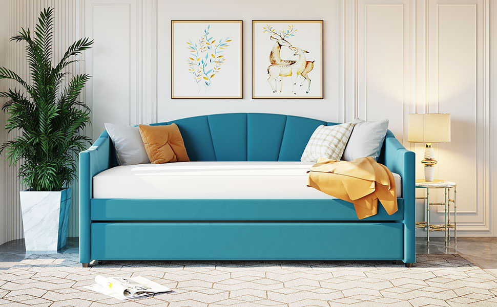 Upholstered Daybed Sofa Bed With Trundle Bed And Wood Slat - The Sleep Loft - Online Mattress Showroom NYC
