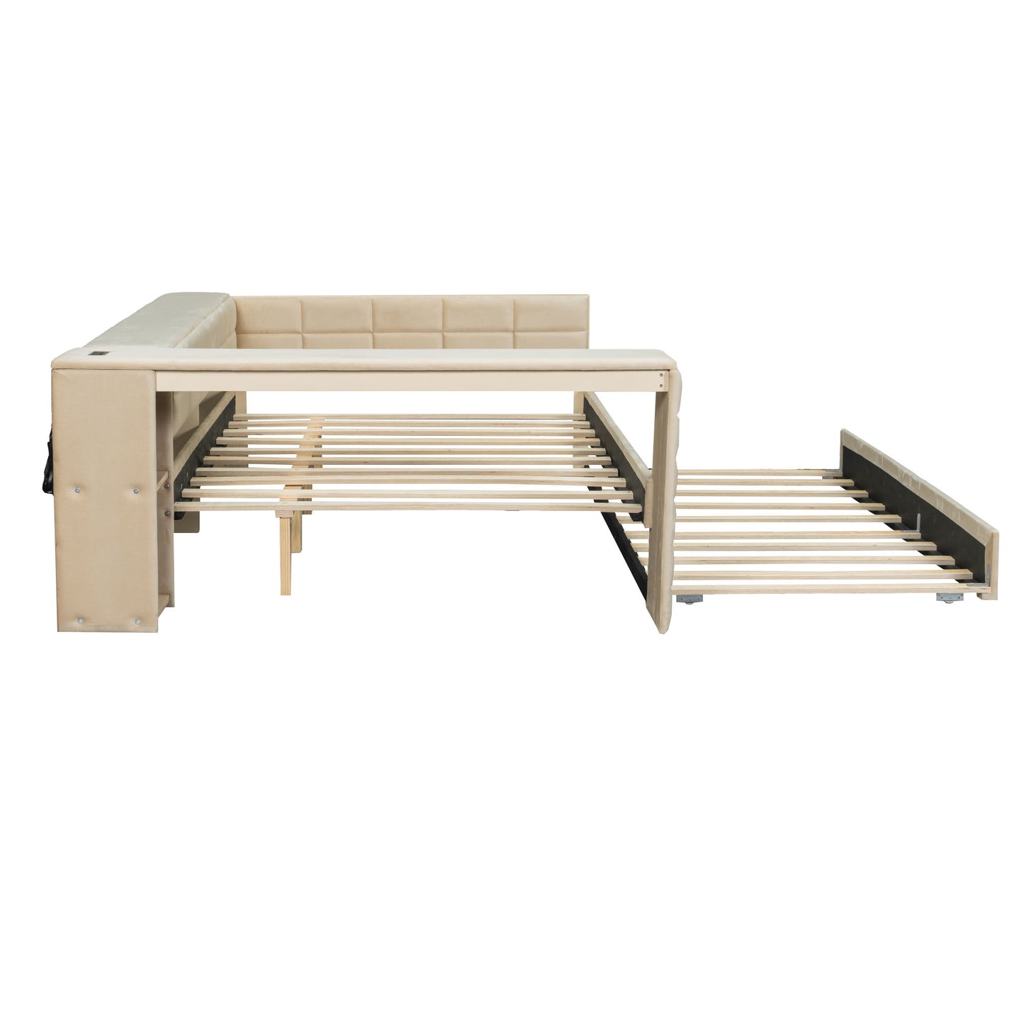 Upholstered Platform Bed With Storage Shelves, Desk, Charging Station And Trundle - The Sleep Loft - Online Mattress Showroom NYC