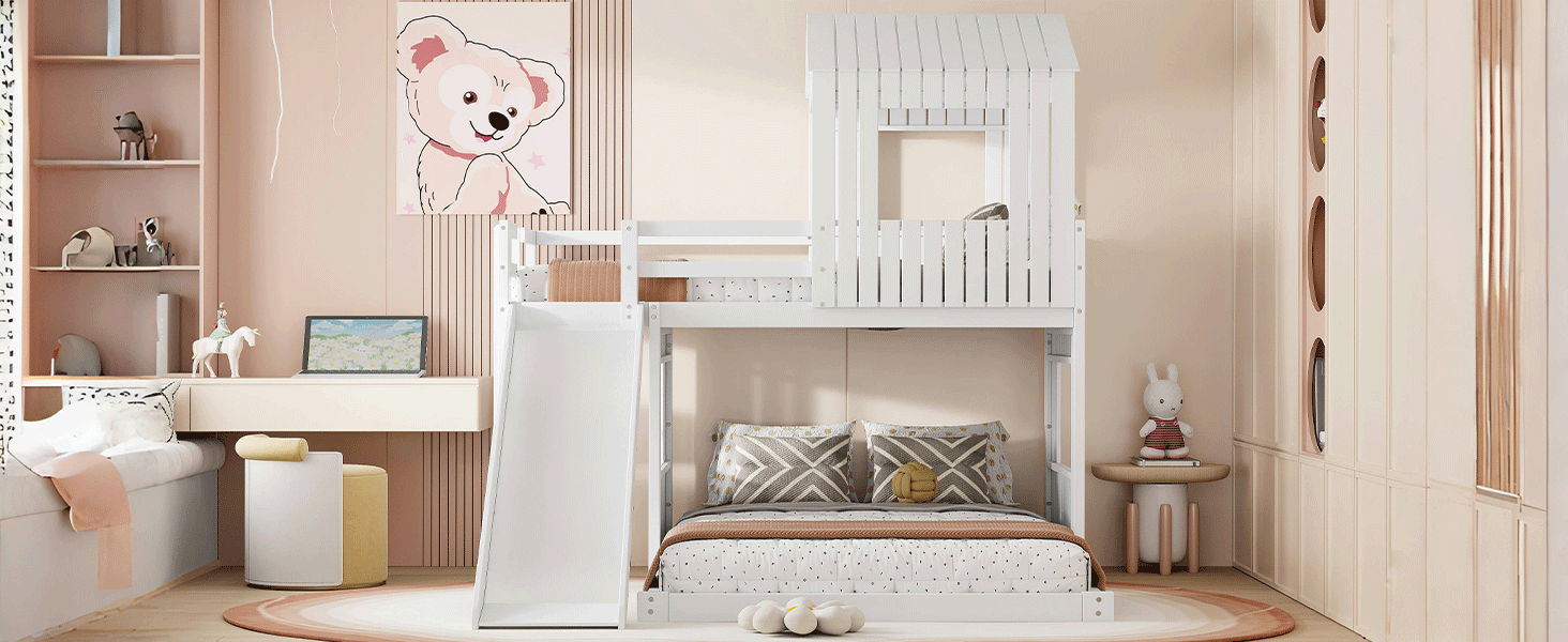 Loft Bunk Bed With Playhouse, Farmhouse, Ladder, Slide And Guardrails - The Sleep Loft - Online Mattress Showroom NYC