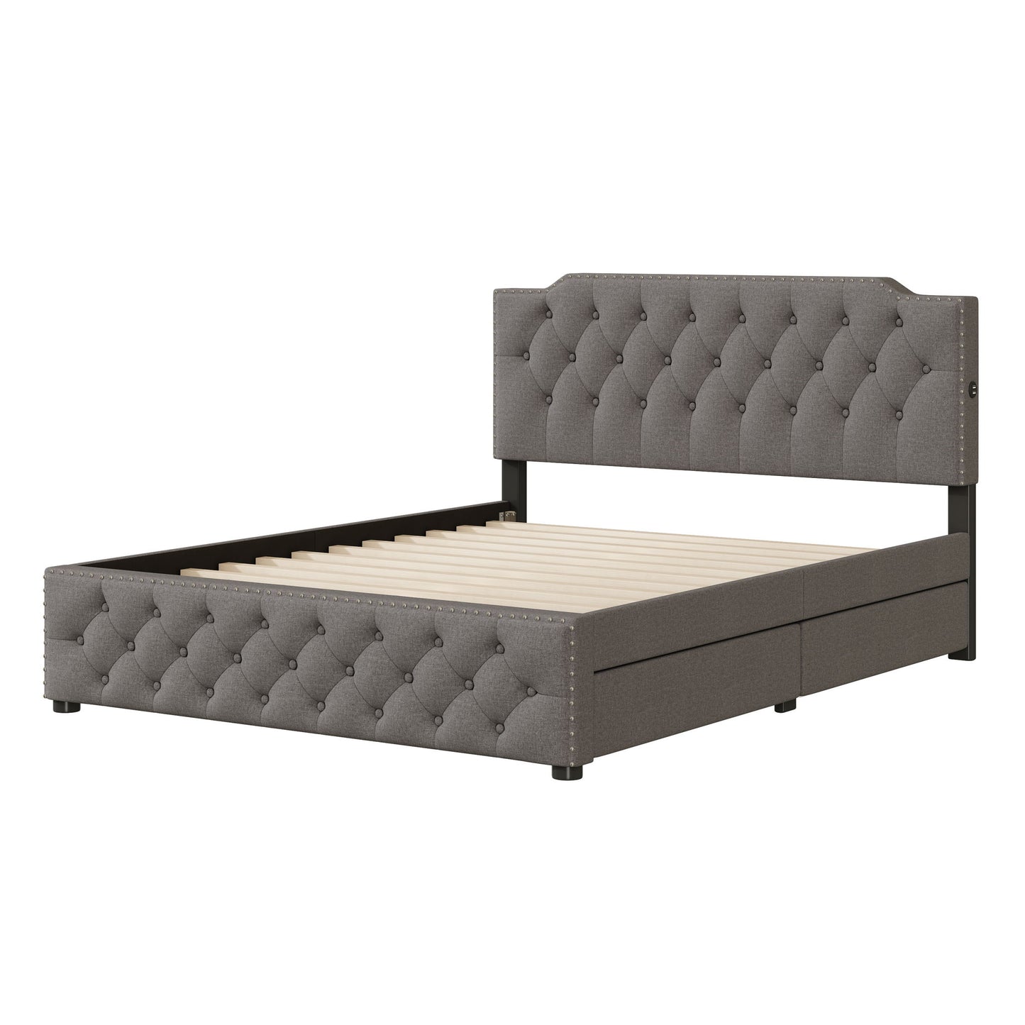 Upholstered Platform Bed With 2 Drawers And 2 Sets Of USB Ports On Each Side, Linen Fabric - The Sleep Loft - Online Mattress Showroom NYC