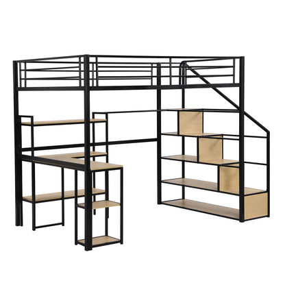 Full Size Loft Bed With Staircase, Built In Desk And Shelves And Sleeping Surface - Black - The Sleep Loft - Online Mattress Showroom NYC