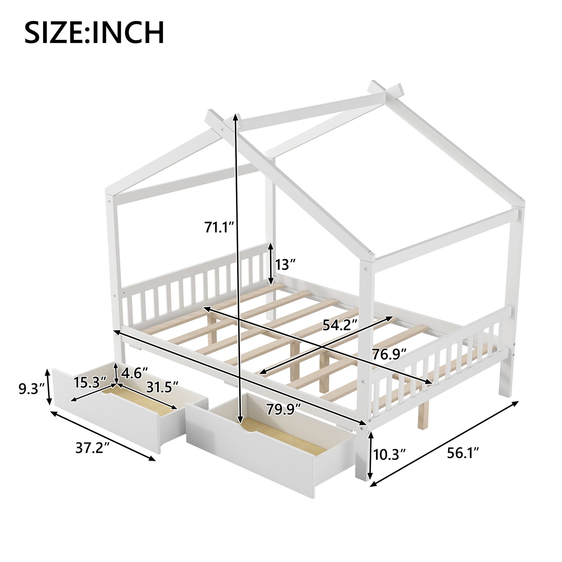 House Style Platform Bed With Headboard, Footboard, 2 Drawers, And Roof Design - The Sleep Loft - Online Mattress Showroom NYC