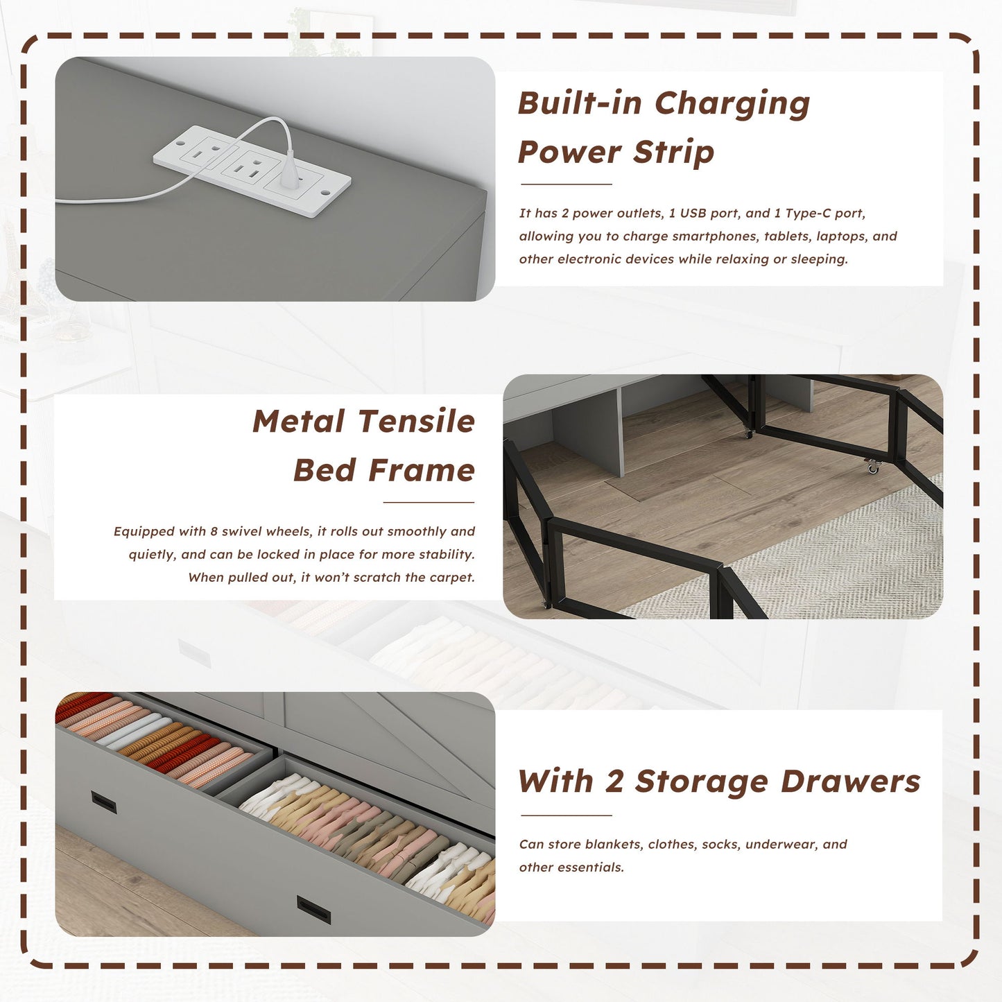 Full Murphy Bed With Storage Drawers, Charging Station, Foldable Panels, And Silent Swivel Wheels