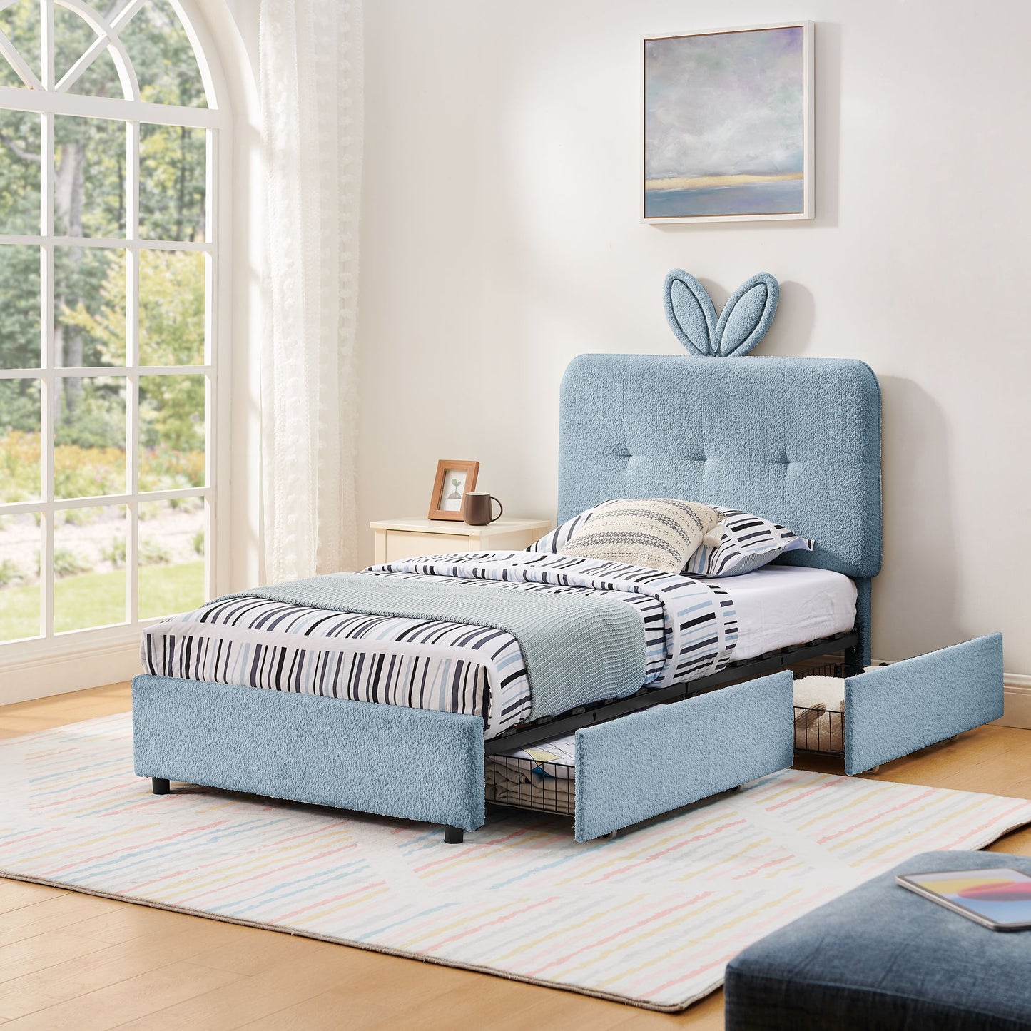 Upholstered Bed With Oversized Rabbit Ear Headboard, LED Lights & 4 Storage Drawers - The Sleep Loft - Online Mattress Showroom NYC