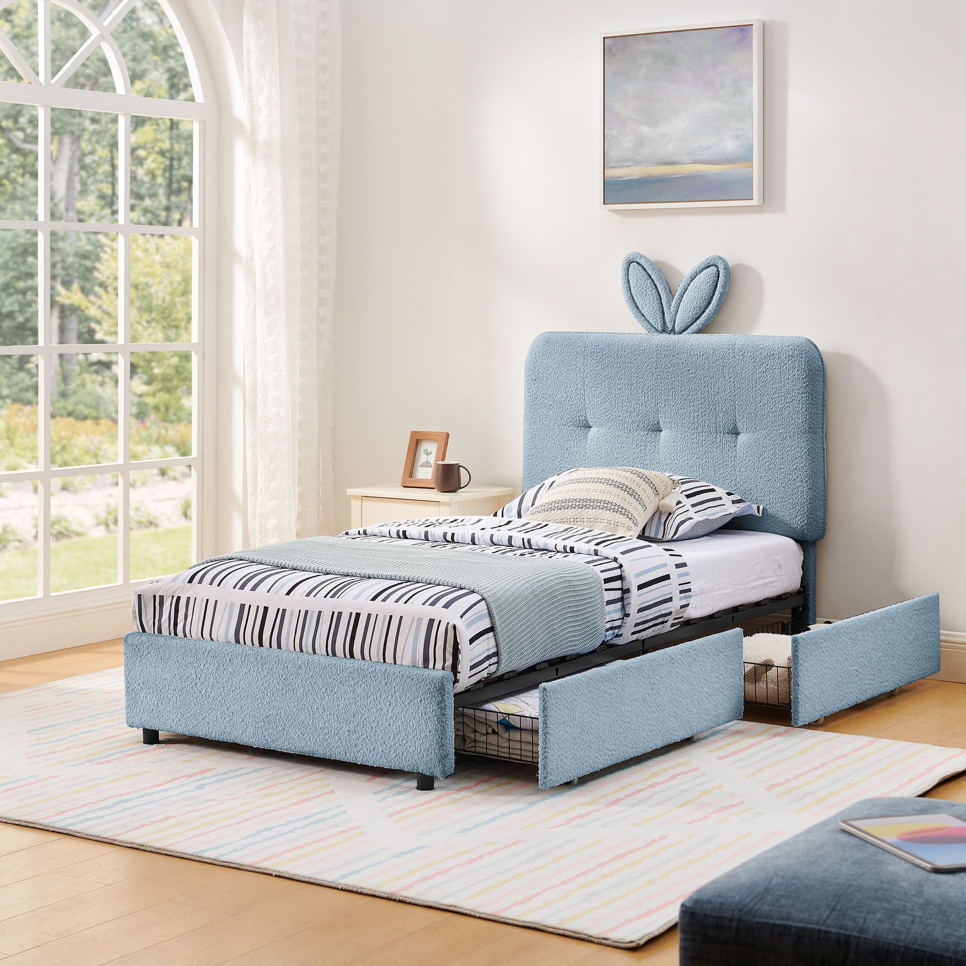 Upholstered Bed With Oversized Rabbit Ear Headboard, LED Lights & 4 Storage Drawers - The Sleep Loft - Online Mattress Showroom NYC