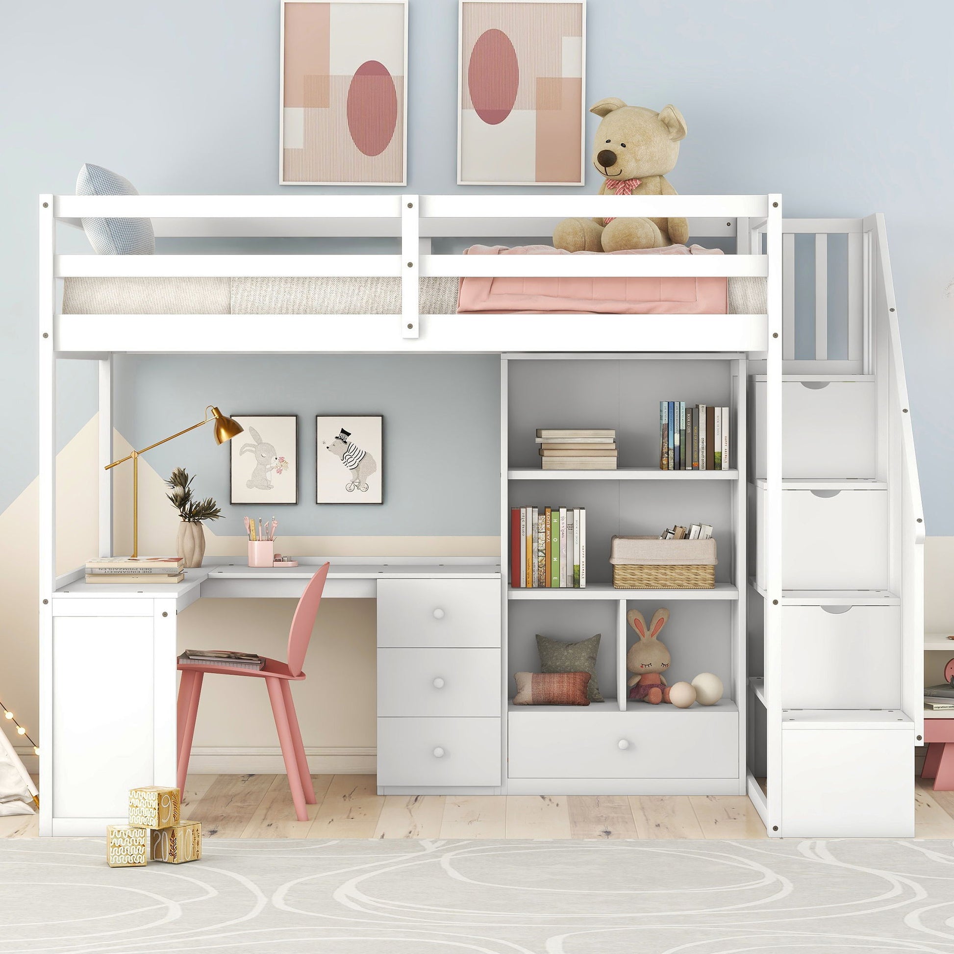 Loft Bed With L Shaped Desk, Drawers, Cabinet, And Storage Staircase - The Sleep Loft - Online Mattress Showroom NYC
