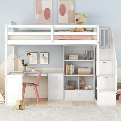 Loft Bed With L Shaped Desk, Drawers, Cabinet, And Storage Staircase - The Sleep Loft - Online Mattress Showroom NYC