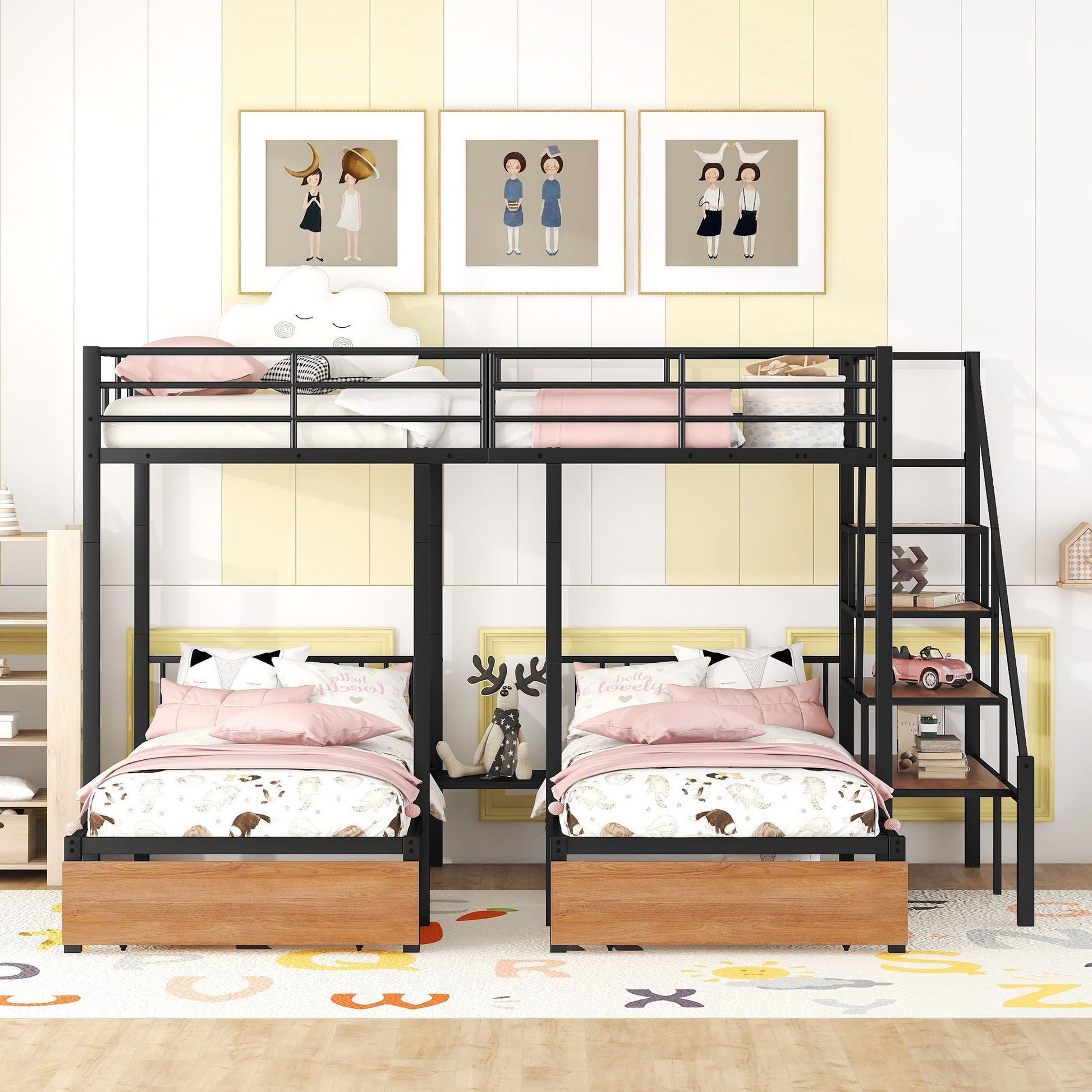 Full Over Twin-Twin Triple Bunk Bed With Drawers And Staircase - Black - The Sleep Loft - Online Mattress Showroom NYC
