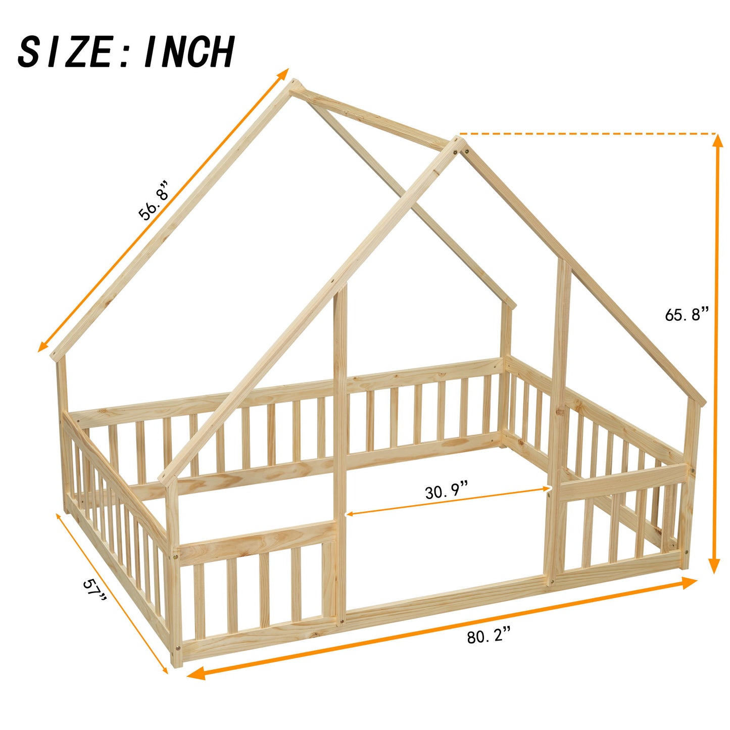 Wood House-Shaped Floor Bed With Fence, Guardrails - The Sleep Loft - Online Mattress Showroom NYC