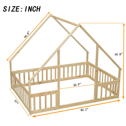 Wood House-Shaped Floor Bed With Fence, Guardrails - The Sleep Loft - Online Mattress Showroom NYC