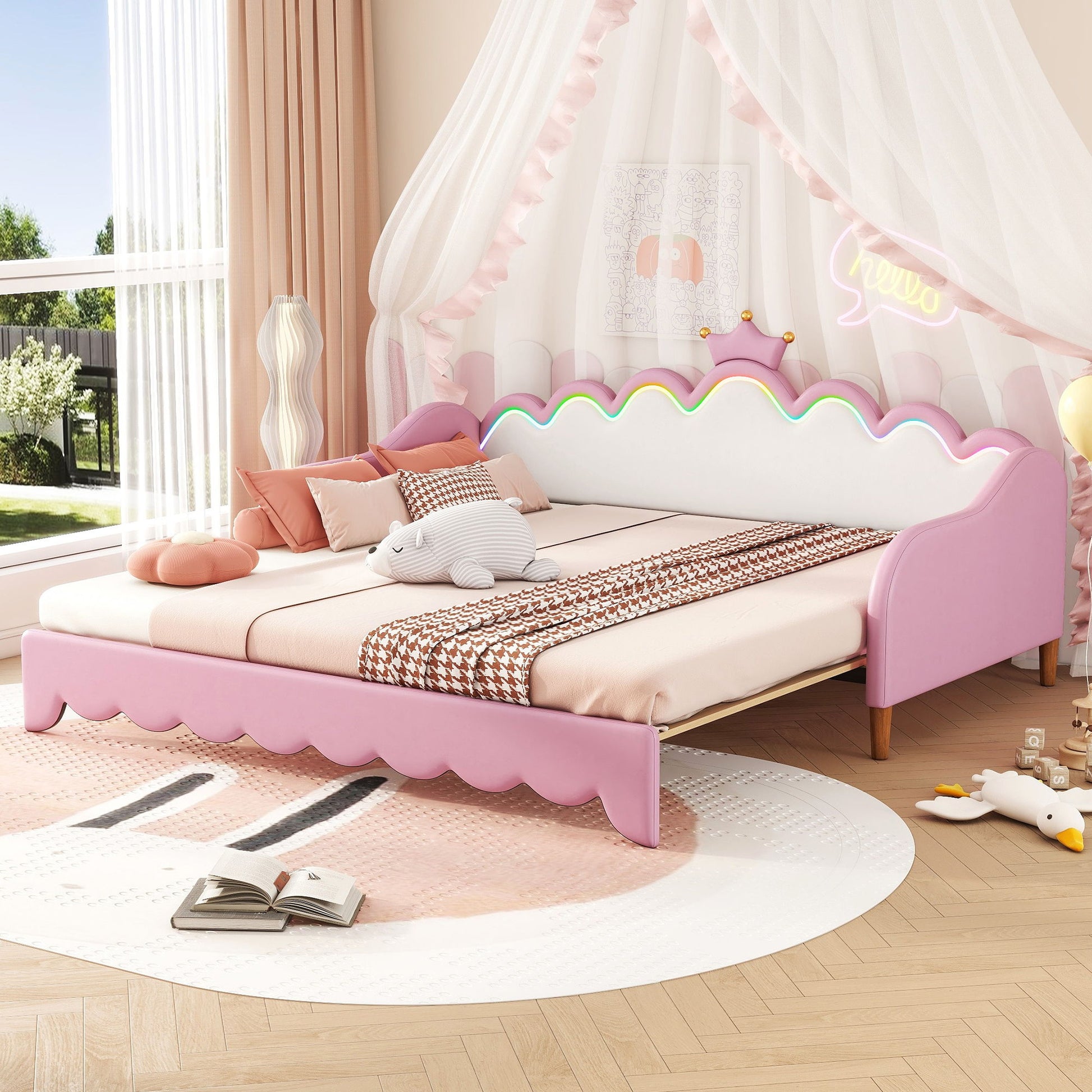 Extending Daybed With LED Lights, Modern Upholstered Princess Daybed With Crown Headboard - The Sleep Loft - Online Mattress Showroom NYC
